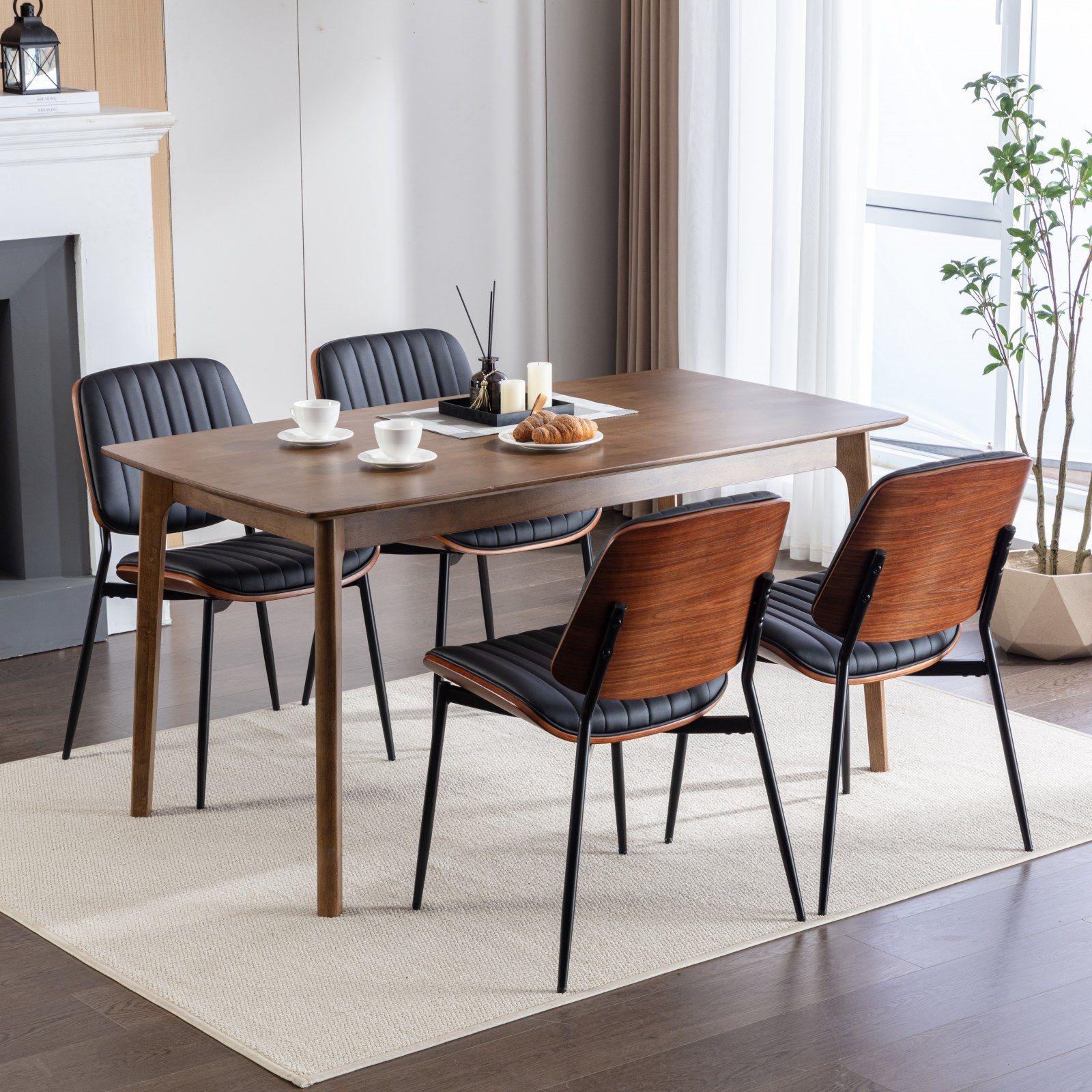 Dining Chairs (Set of 2) Mid-Century Modern Retro Chair With Walnut Bentwood Back Upholstered Seat Metal Legs Adjustable Foot For Kitchen Dining Room Chairs