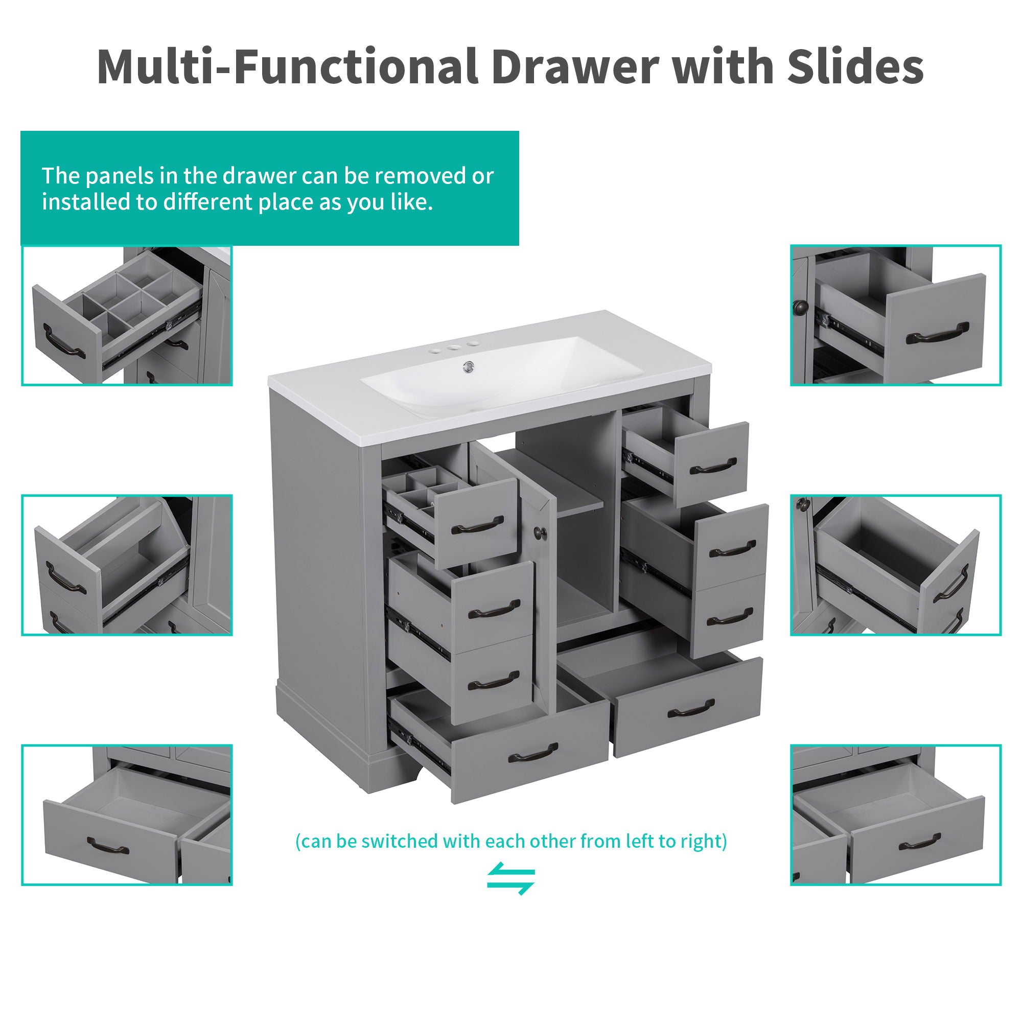 Modern Bathroom Vanity Base Only, 6 Drawer Storage With Adjustable Shelf