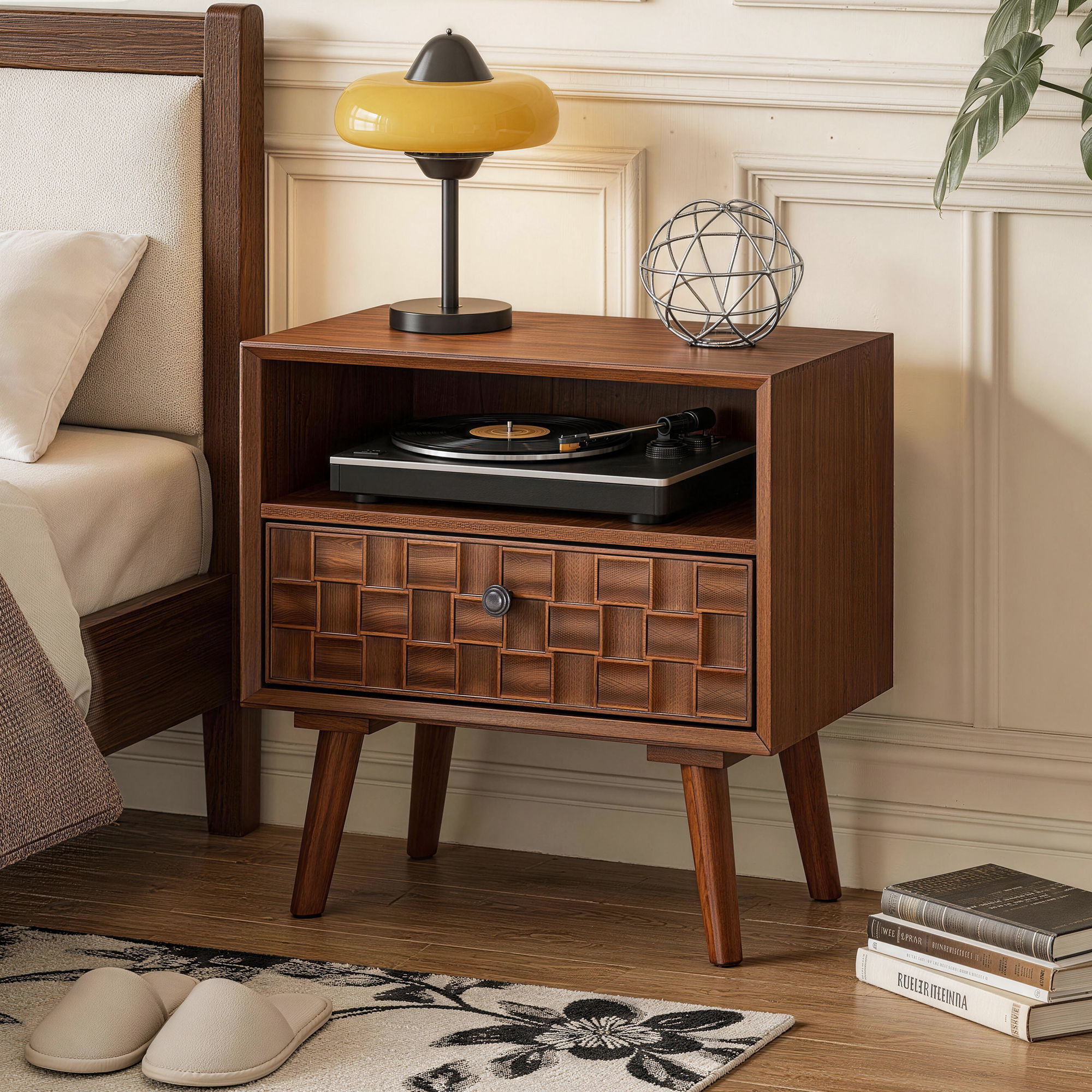 Nightstand With Carved Geometric Drawer Front, 1 Drawer And Open Shelf