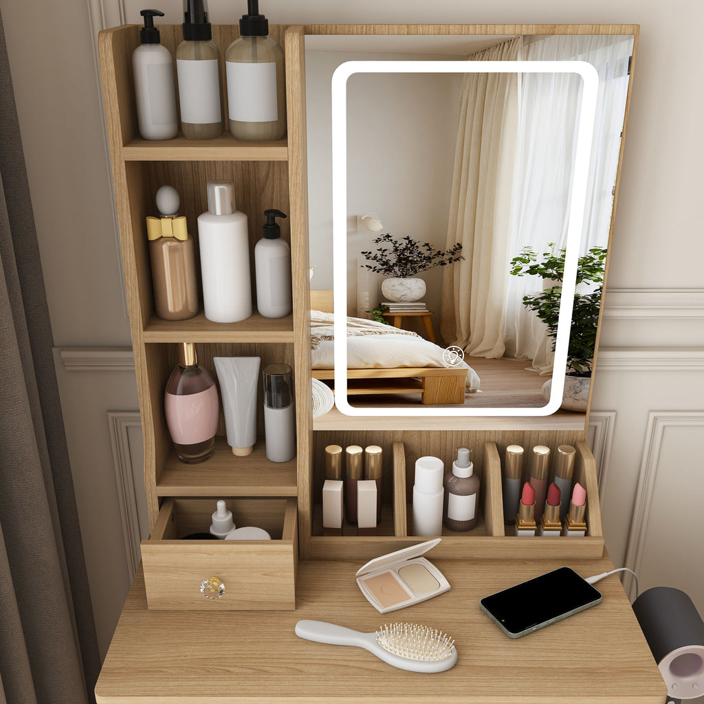 Small Vanity Desk With 3 LED Lighting Modes, 3 Drawers, Hair Dryer Holder, Power Socket, And Dressing Chair - Natural Walnut