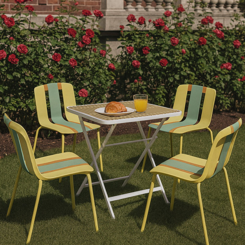 4 Piece Set Of Color Block Designed Single Chairs With Folding Square Table - Grain Yellow / Haze Green / Khaki / Tropical Orange / White