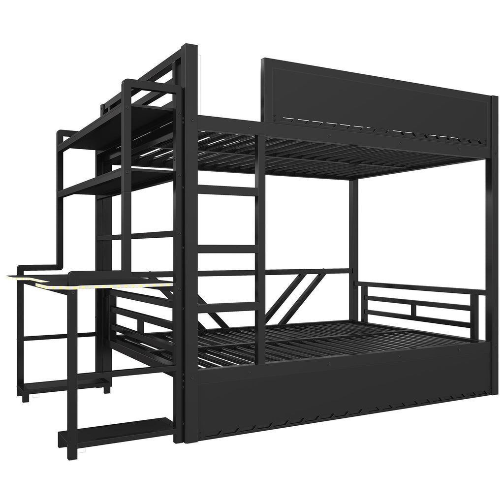 Full Gaming Bunk Bed With Desk, Two Storage Shelves And LED Light - Black