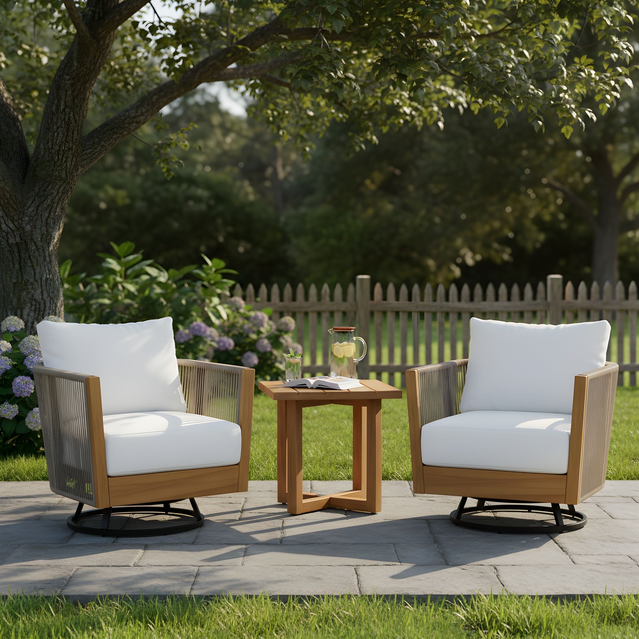 2 Swivel Chairs With Slat Top X Stretcher Side Table - Acacia Wood / Beige