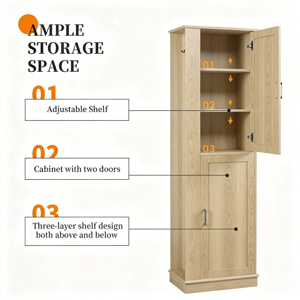 Tall Freestanding Bathroom Storage Cabinet With Adjustable Shelves And Side Hooks