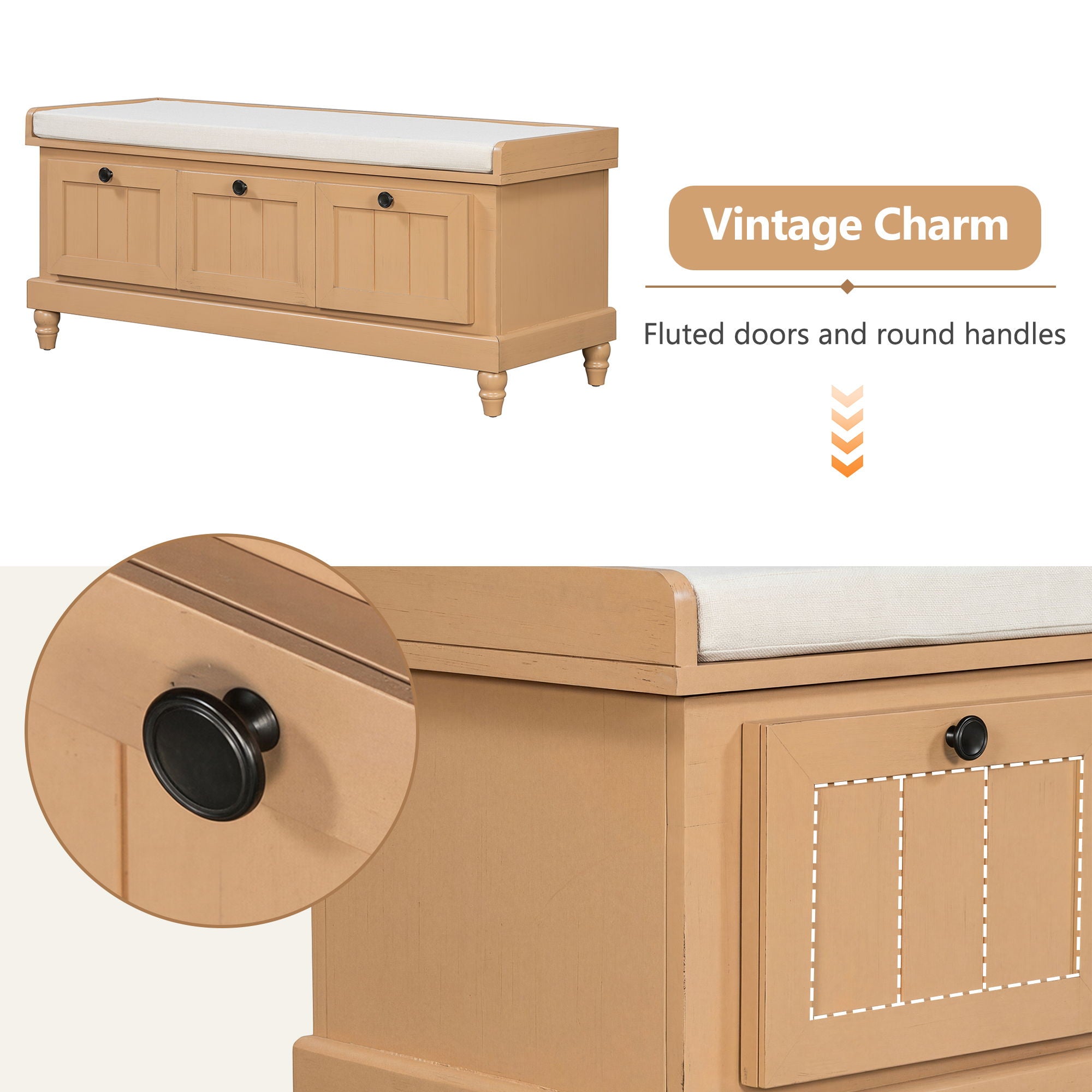 Shoe Bench With Cushion And 3 Drawers - Natural