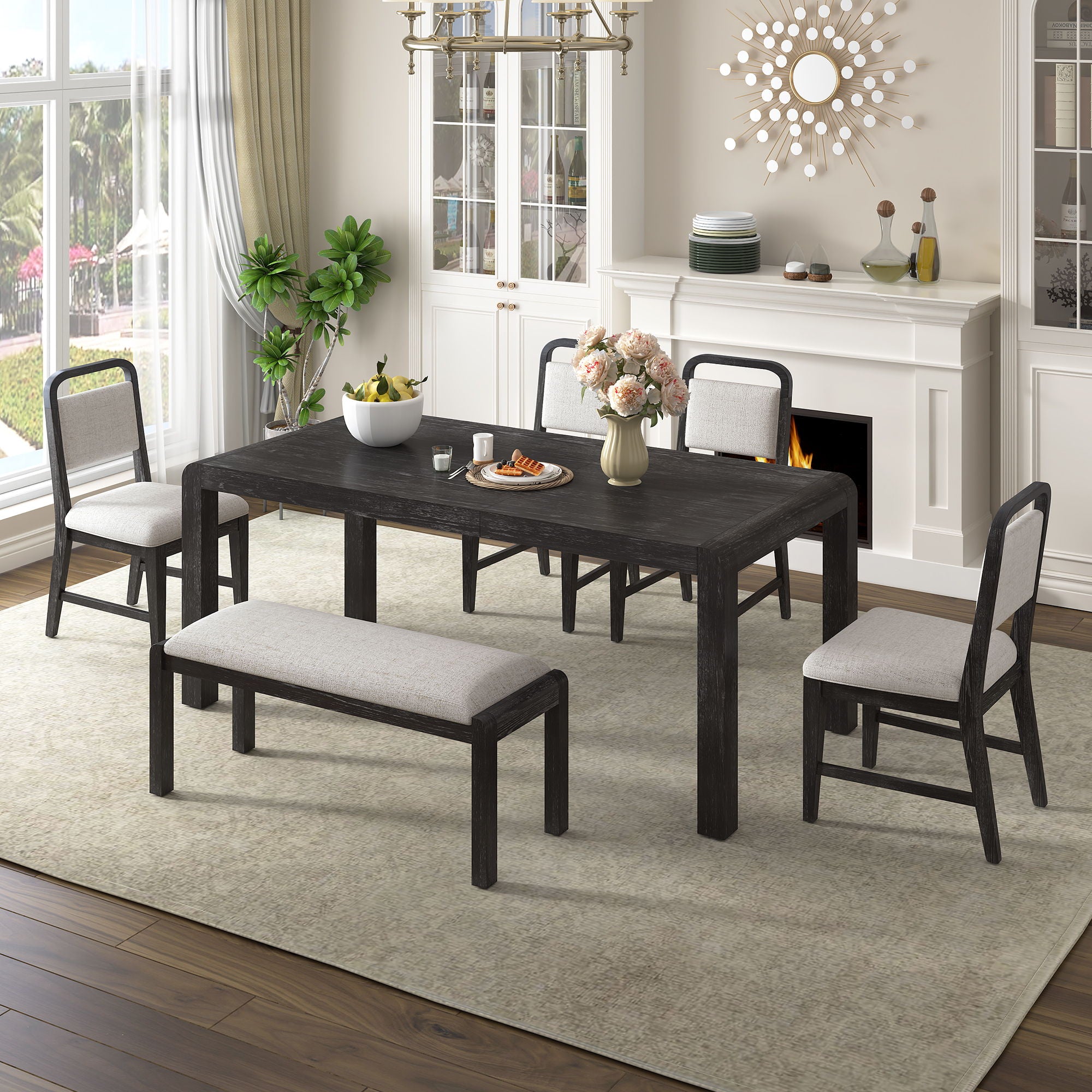 Extendable Dining Table Set With 4 Upholstered Chairs And 1 Bench