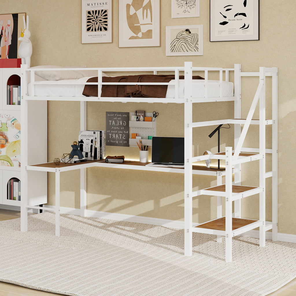 Loft Bed & L-Shaped Desk, Large Storage Space
