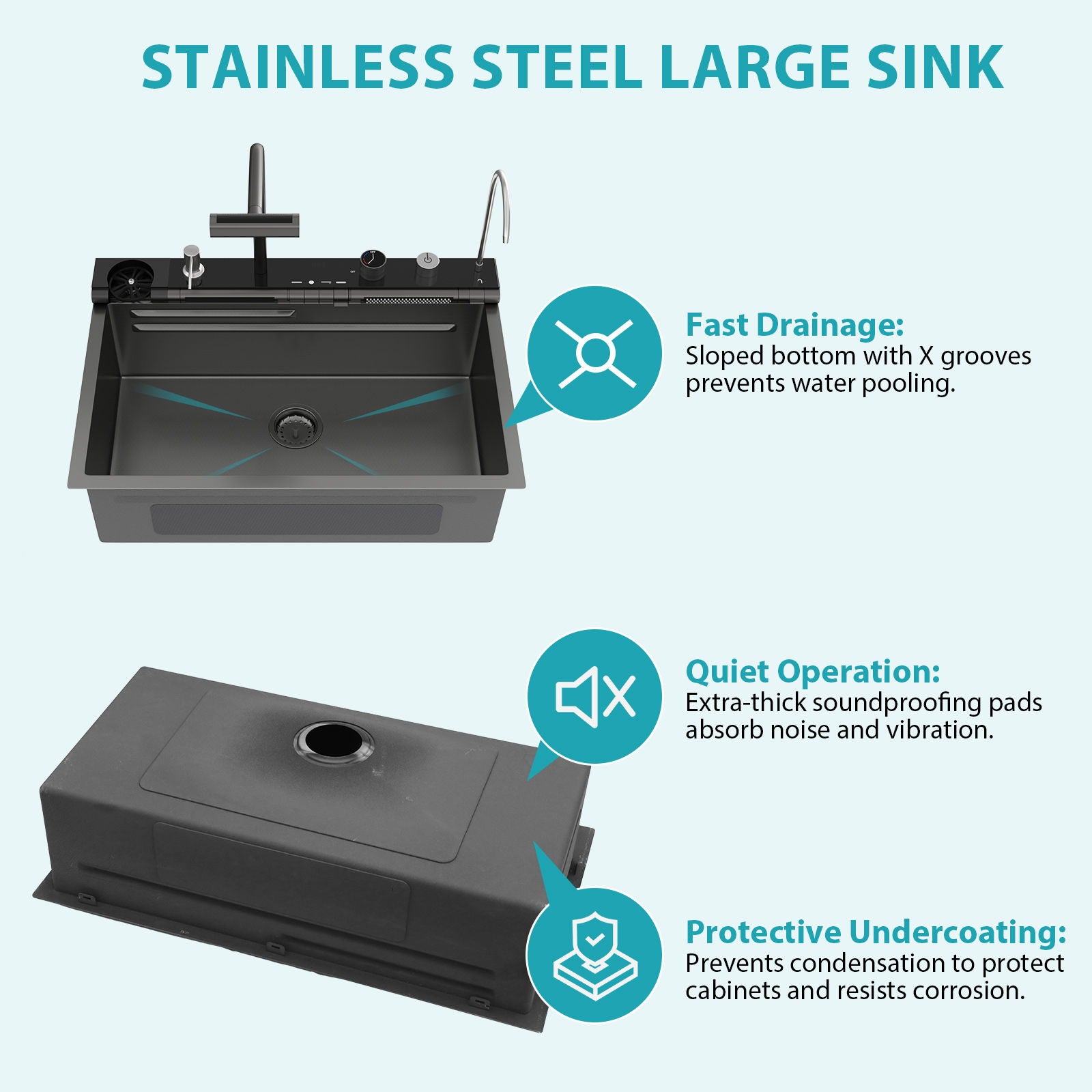 30" Single Bowl Kitchen Sink With Smart LED Faucet