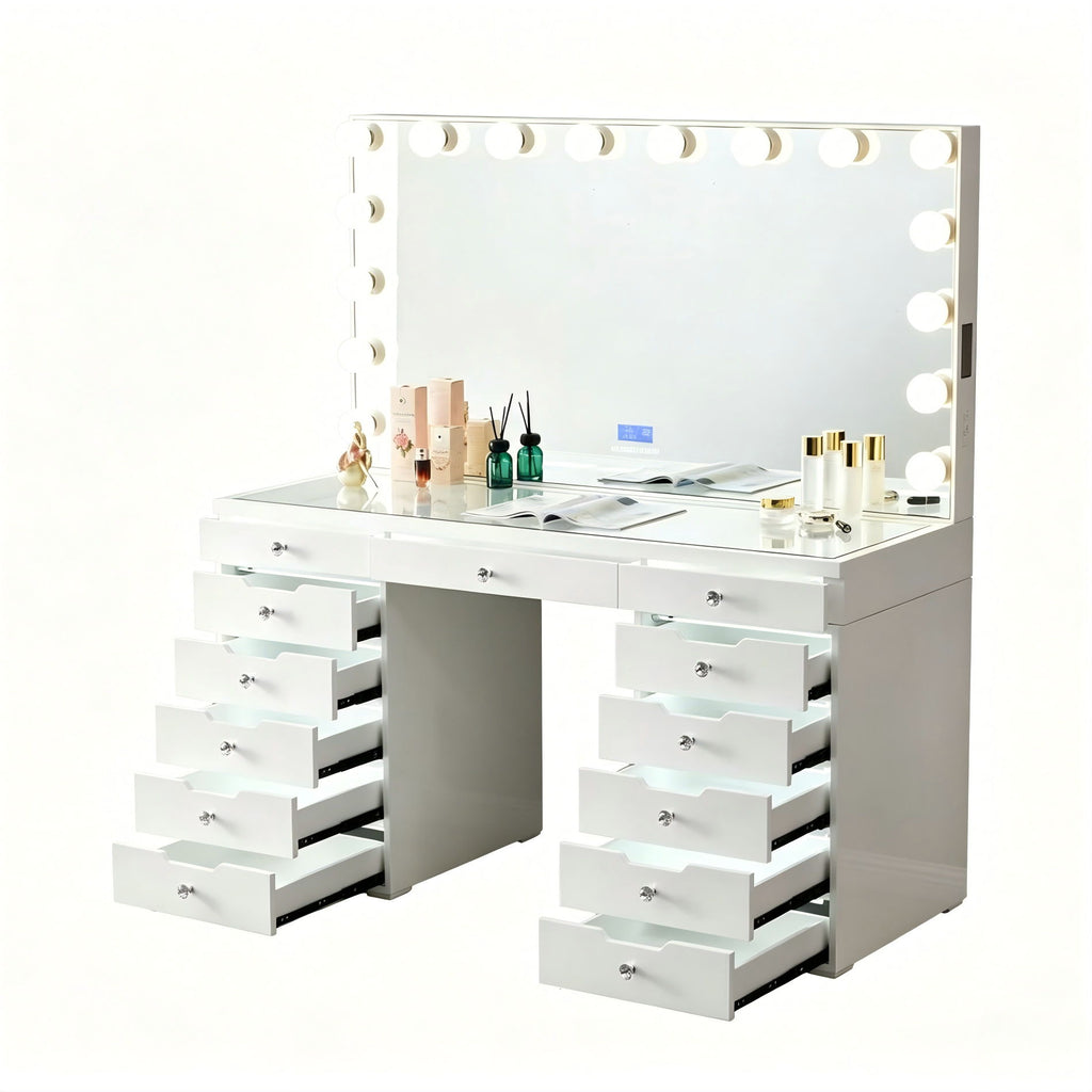 LED Lighted Makeup Vanity Desk With 16 Bulbs Mirror, 13 Drawers Dressing Table For Bedroom - Gloss White