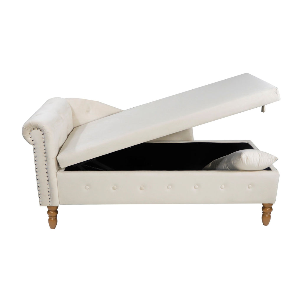 Chaise Lounge Indoor, Lounge Chair For Bedroom With Storage & Pillow, Modern Upholstered Rolled Arm Chase Lounge For Sleeping With Nailhead Trim For Living Room Bedroom Office