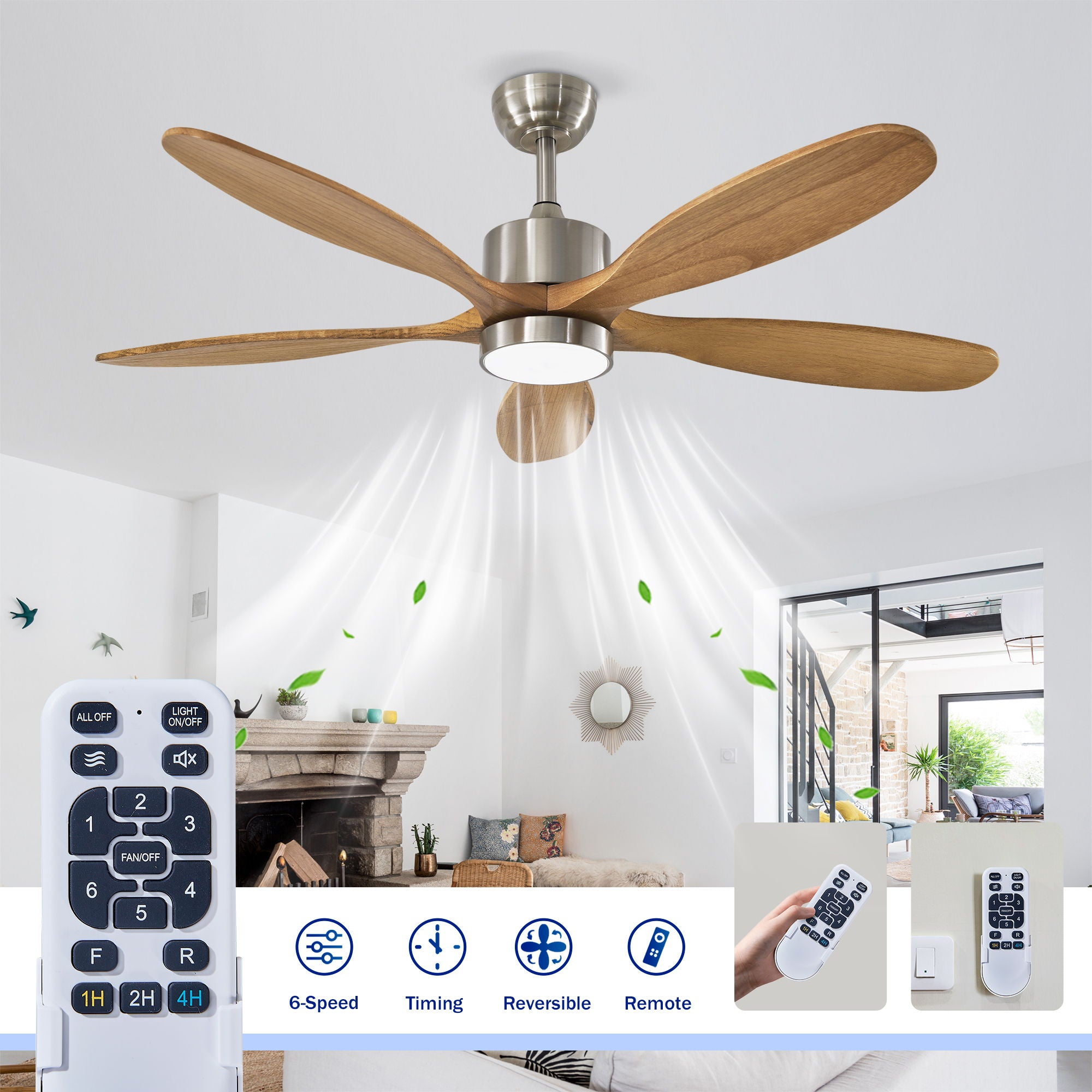 Ceiling Fan With Lights Quiet DC Motor Ceiling Fans 6 Speed Levels - Nickel