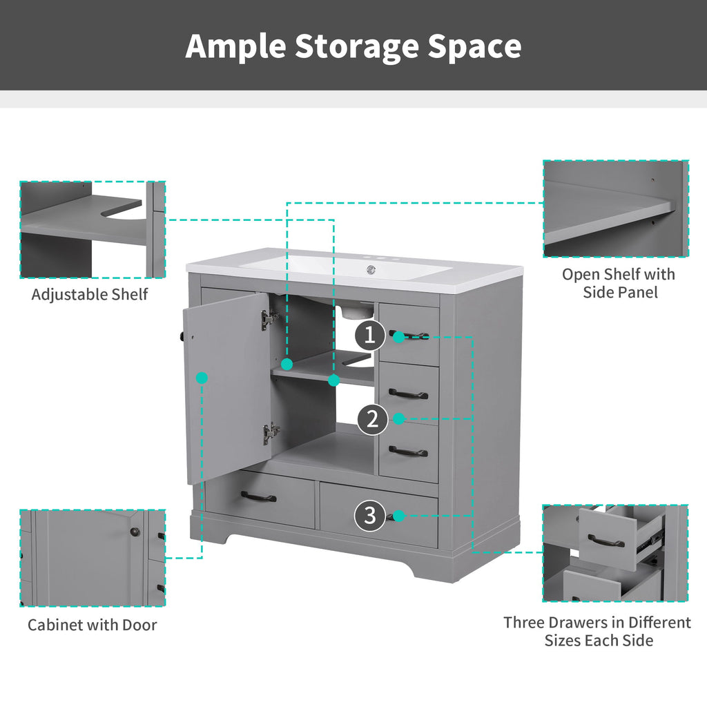 Modern Bathroom Vanity Base Only, 6 Drawer Storage With Adjustable Shelf