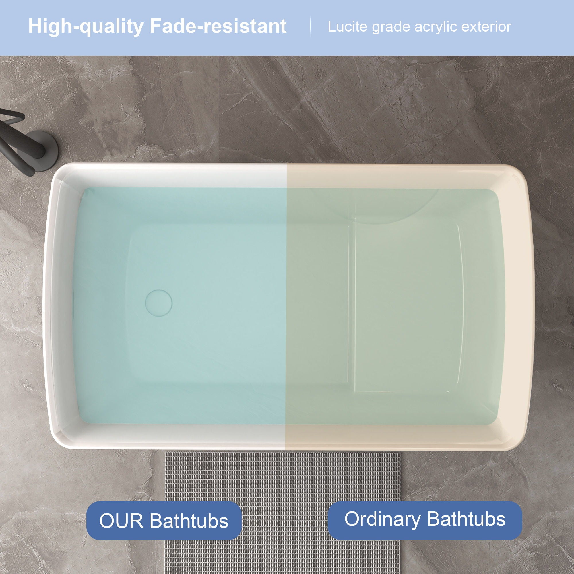 Freestanding Bathtub With Built In Seat, Rectangle Shape, Invisible Overflow & Pop Up Drain - Gloss White