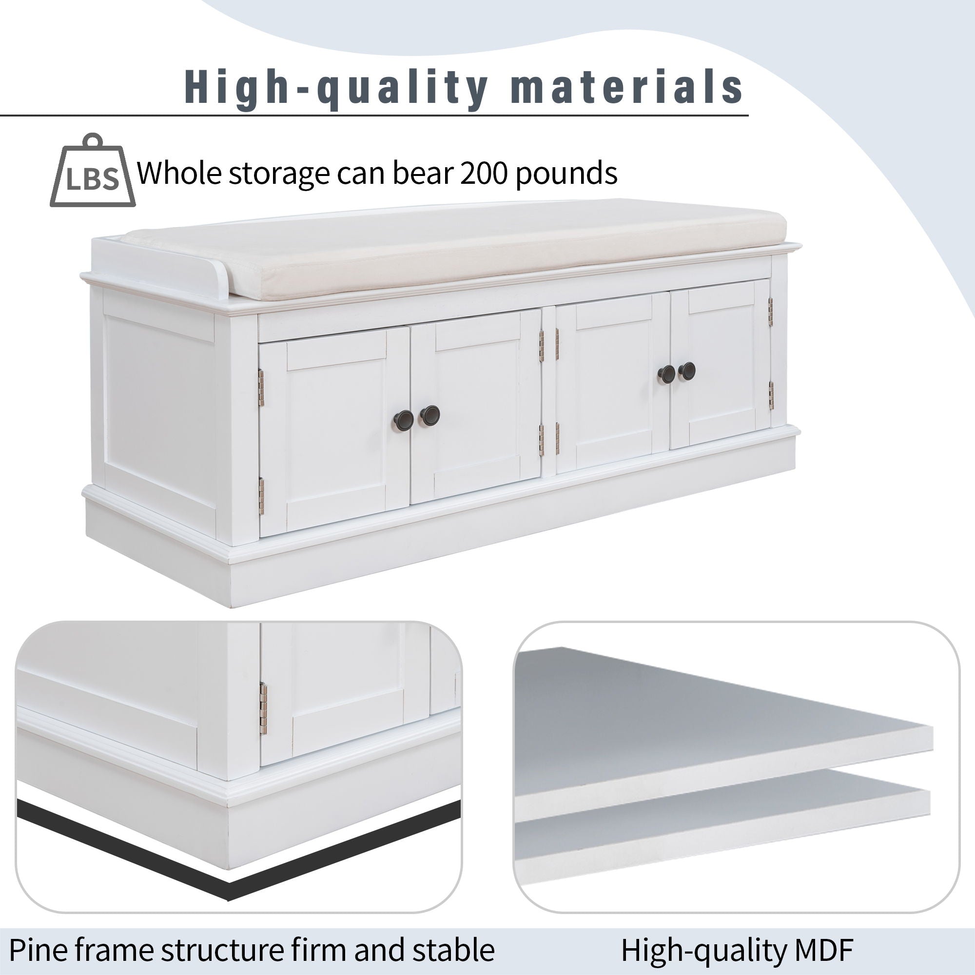 Storage Bench With 4 Doors And Adjustable Shelves, Shoe Bench With Removable Cushion For Living Room, Entryway
