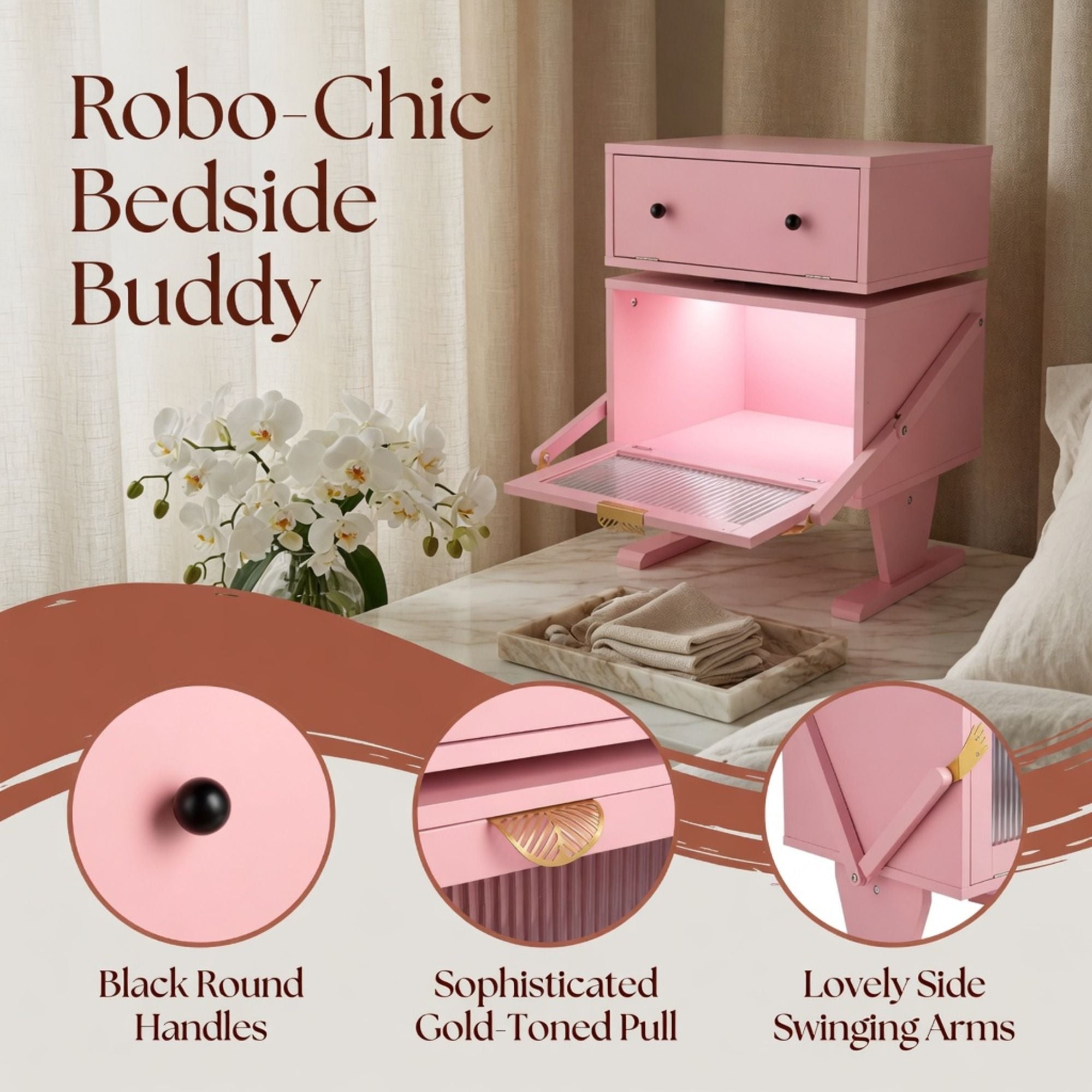 Robot LED Nightstand With 360° Rotating Drawer