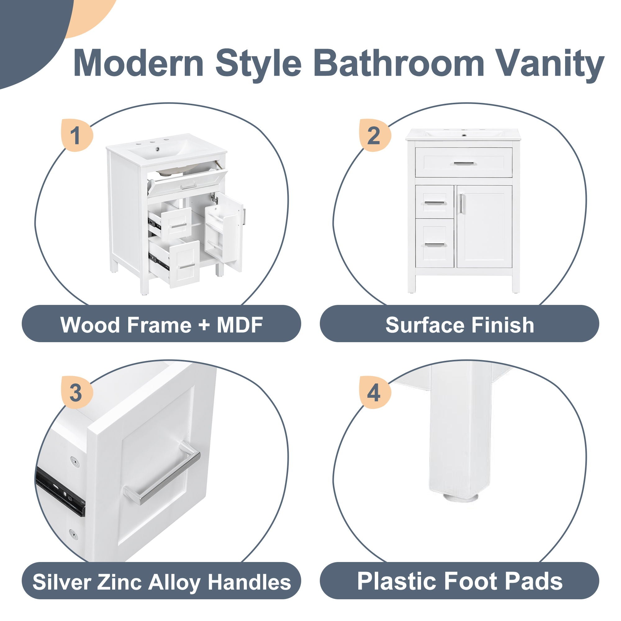 Modern Bathroom Vanity With Sink, Flip Drawer & 2 Drawers, Soft Close Hinges, Adjustable Shelf