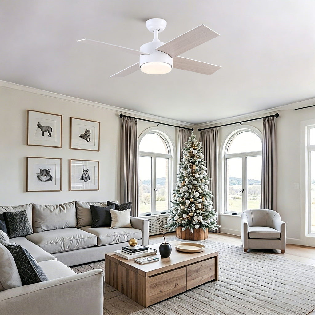 Ceiling Fan With Remote Control, Reversible DC Motor, 6 Speeds, 3 Dimmable LED, Quiet Timer For Indoor - White