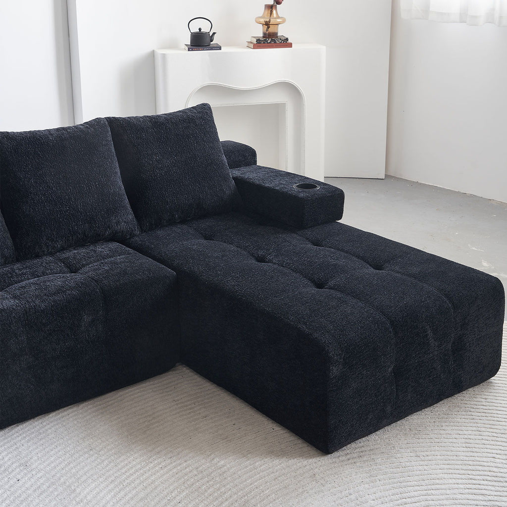 L - Shaped Sectional Sofa With Side Pockets, Wireless Charging, USB Ports, Cup Holder, Bluetooth Speaker, Reversible Lounge Chaise - Black