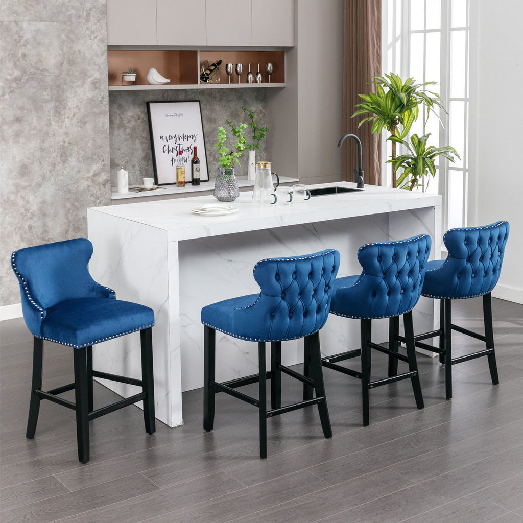 Contemporary Upholstered Wing-Back Barstools With Button Tufted Decoration And Wooden Legs, And Nailhead Trim, Leisure Style Bar Chairs, Bar Stools (Set of 2)