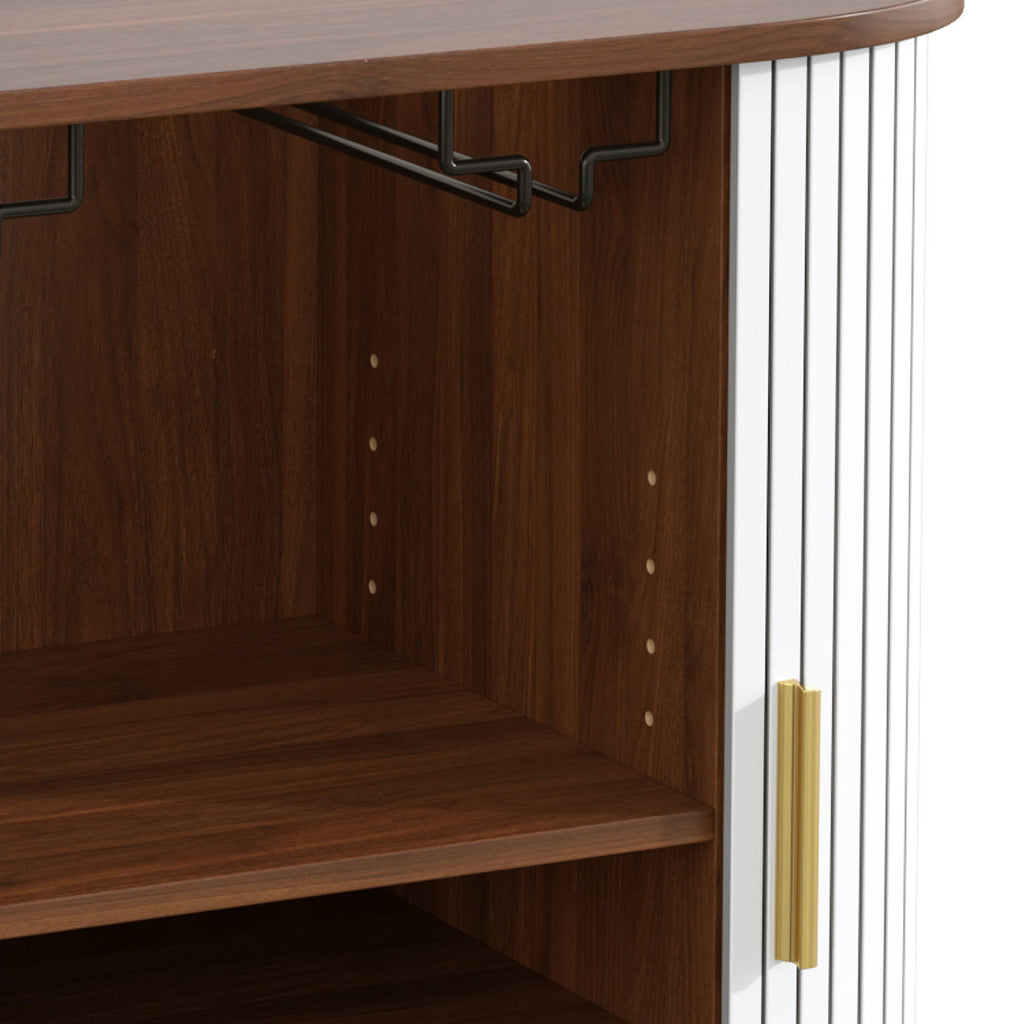 Fluted Wine Bar Cabinet With 8 Grid Wine Rack, 5 Level Adjustable Shelves, 2 Glass Holders