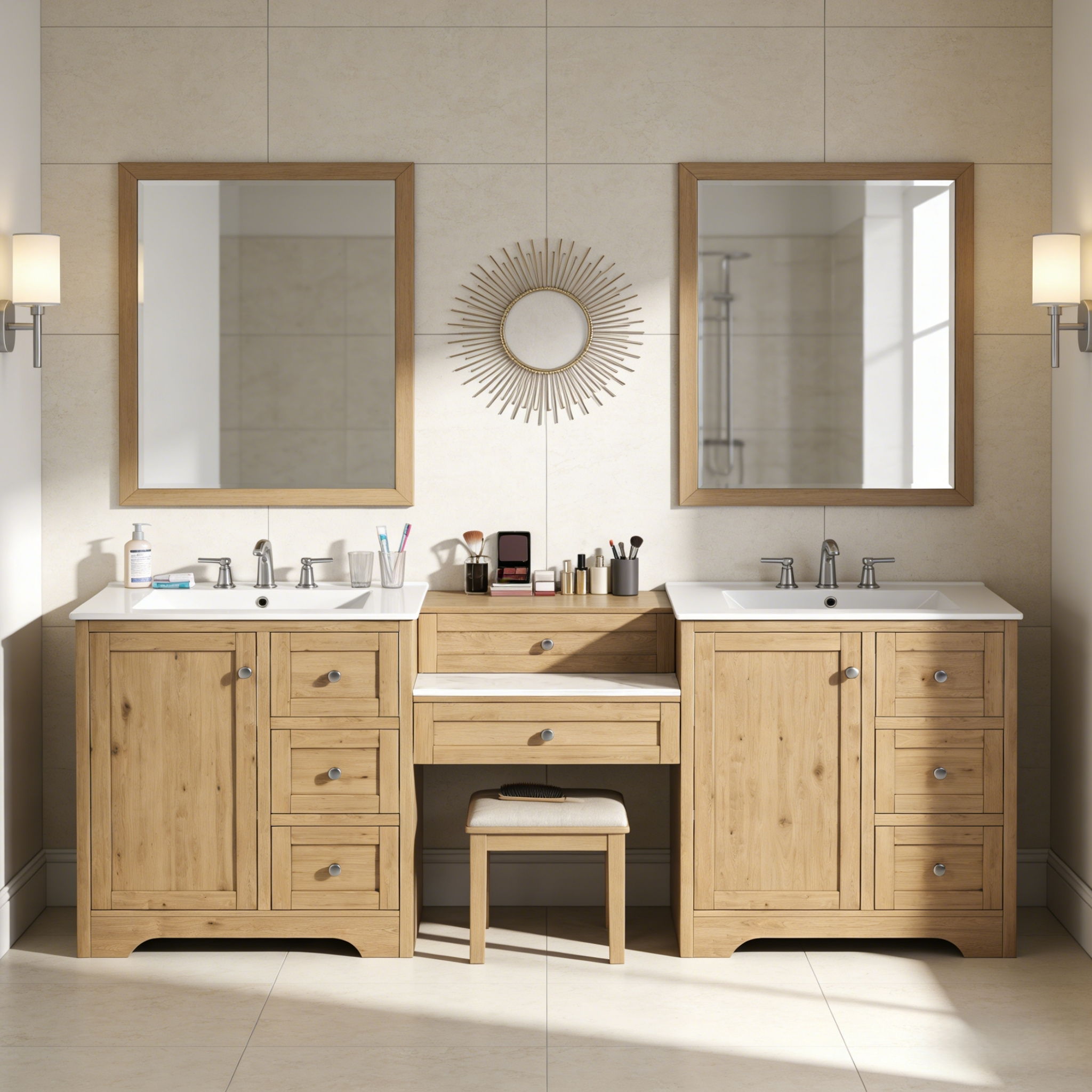 Double Sink Bathroom Vanity With Countertop, 2 Ceramic Sinks, 6 Drawers, Soft Close Design