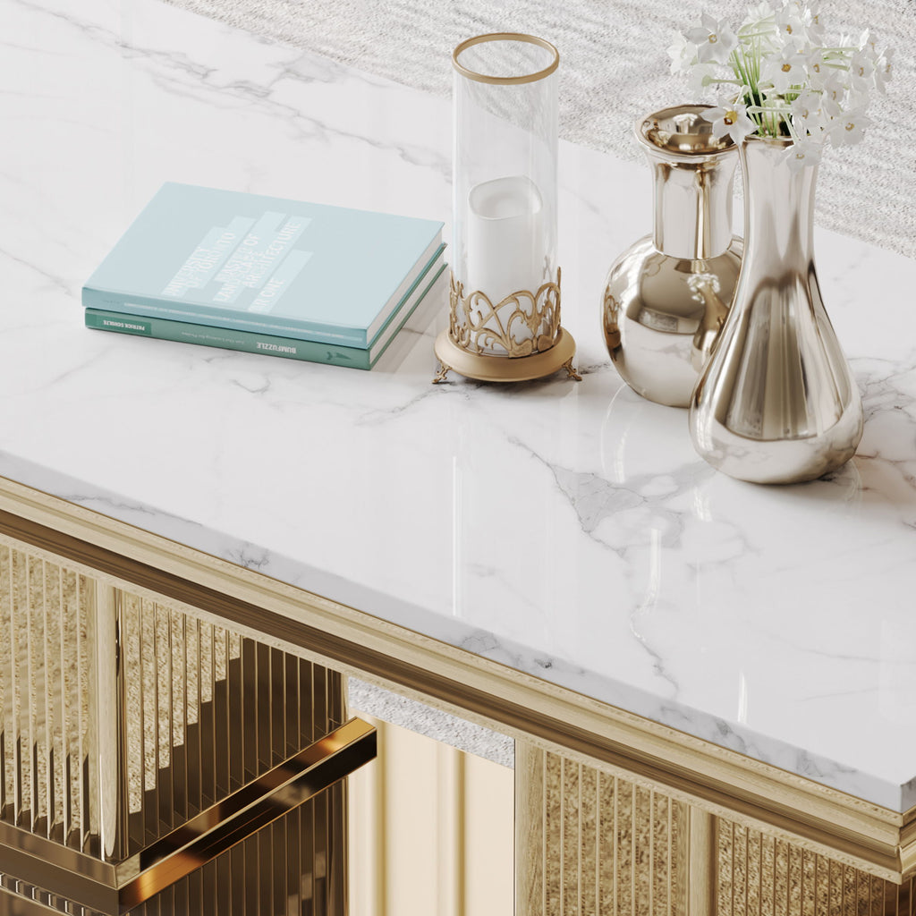 Printed Top Rectangular Console Table, Base With Mirrored Finish