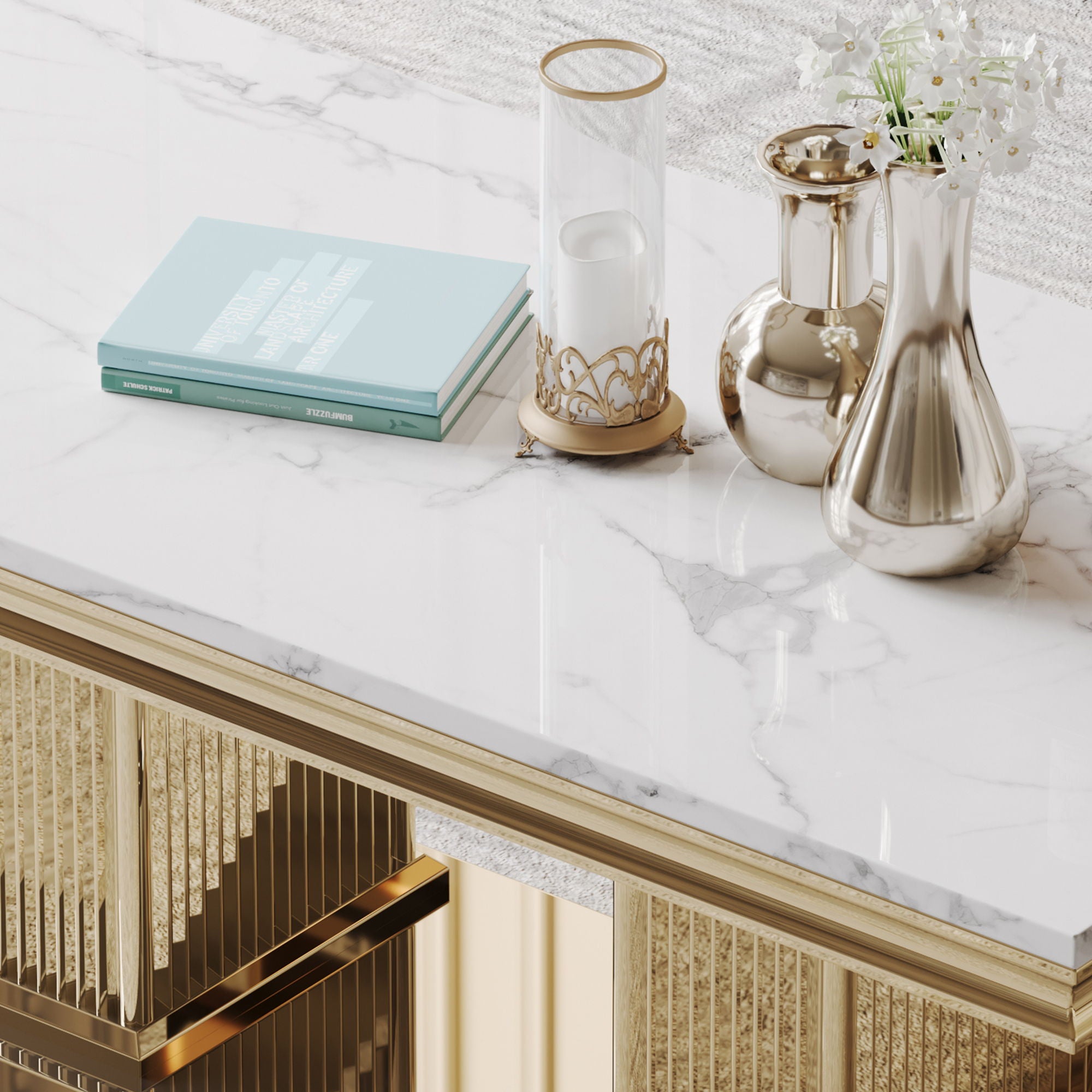 Printed Top Rectangular Console Table, Base With Mirrored Finish