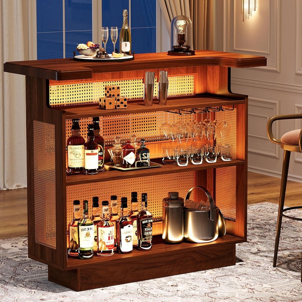 Home Bar Unit With 4 Tier Storage And Stemware Racks For Living Room - Brown