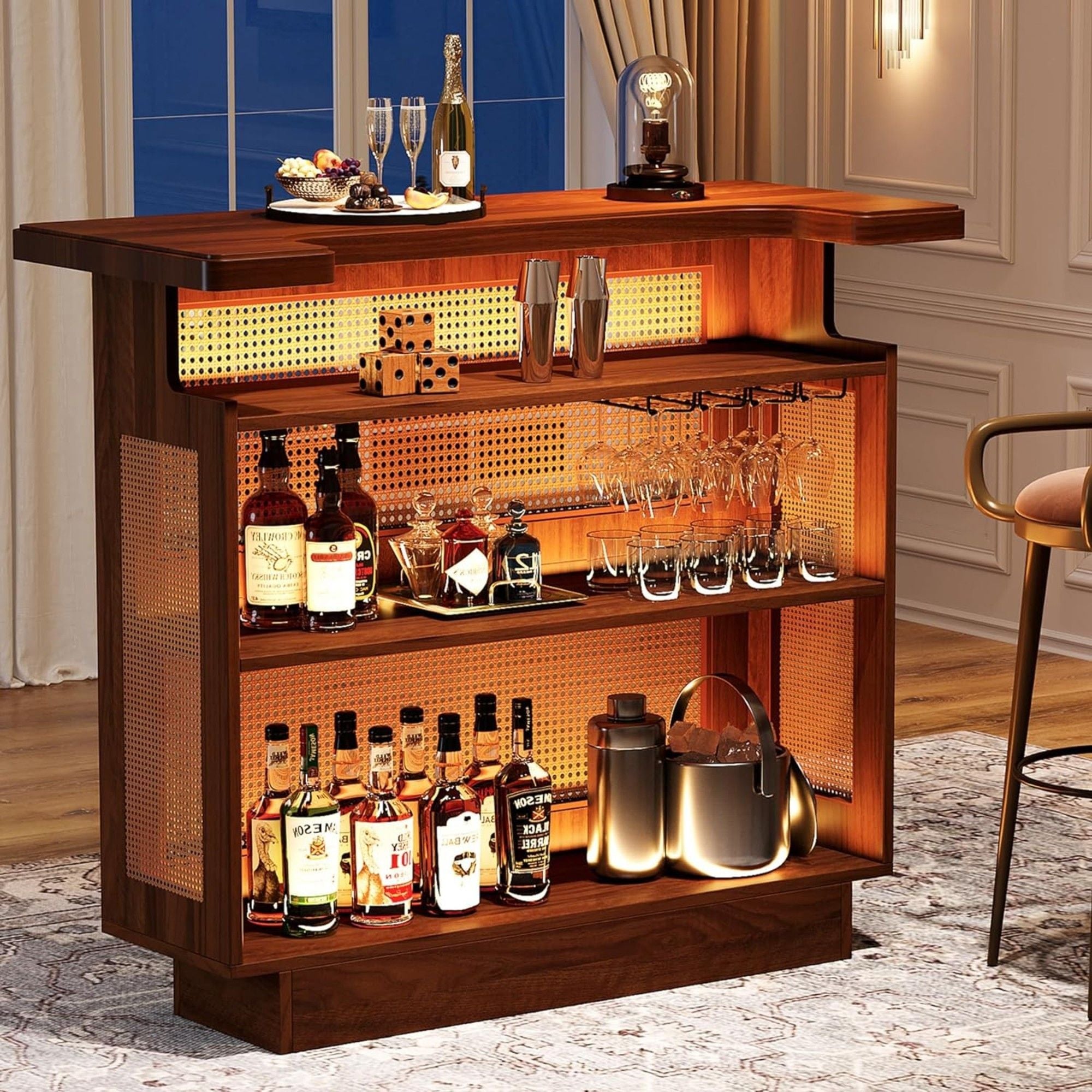 Home Bar Unit With 4 Tier Storage And Stemware Racks For Living Room - Brown