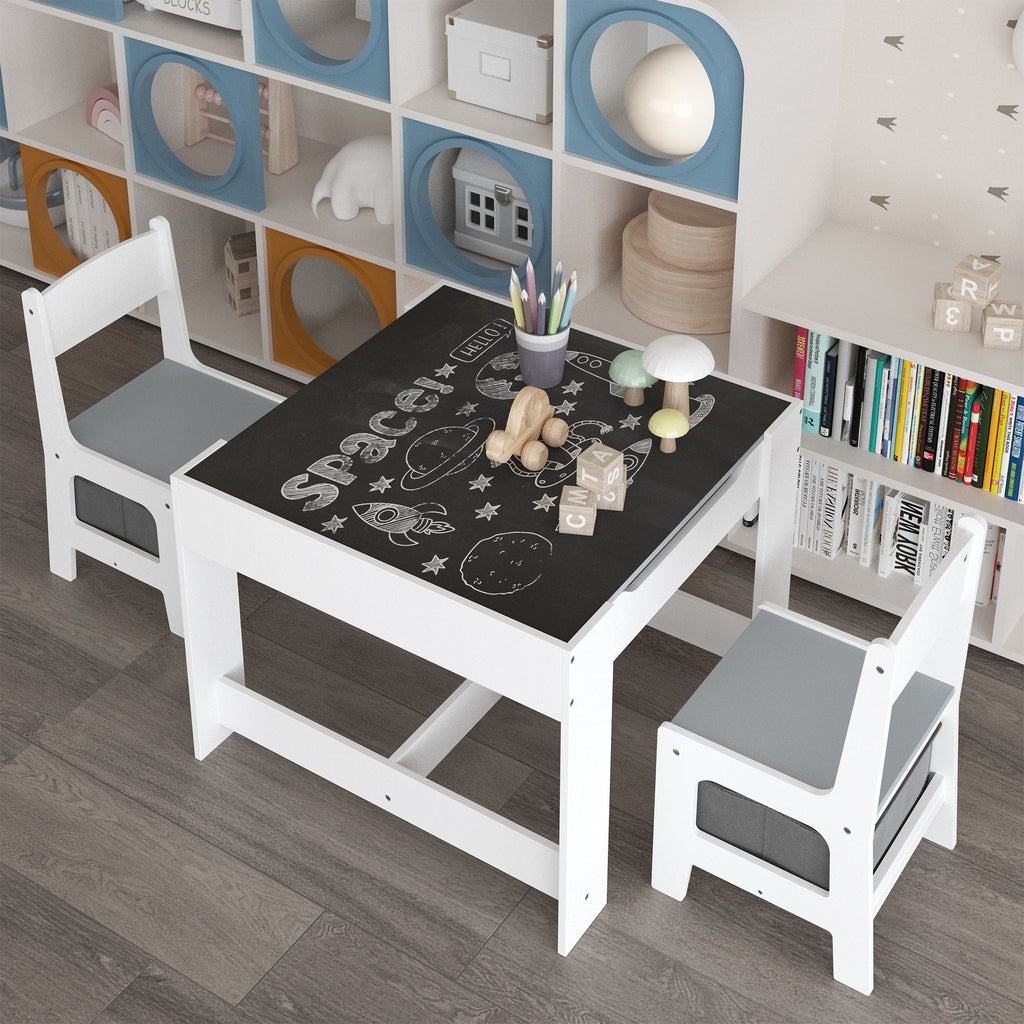 Kids Table And Chair Set, 3 In 1 Activity Table With Storage Drawer For Toddlers Drawing, Reading, Crafts, 2 In 1 Detachable Top - White