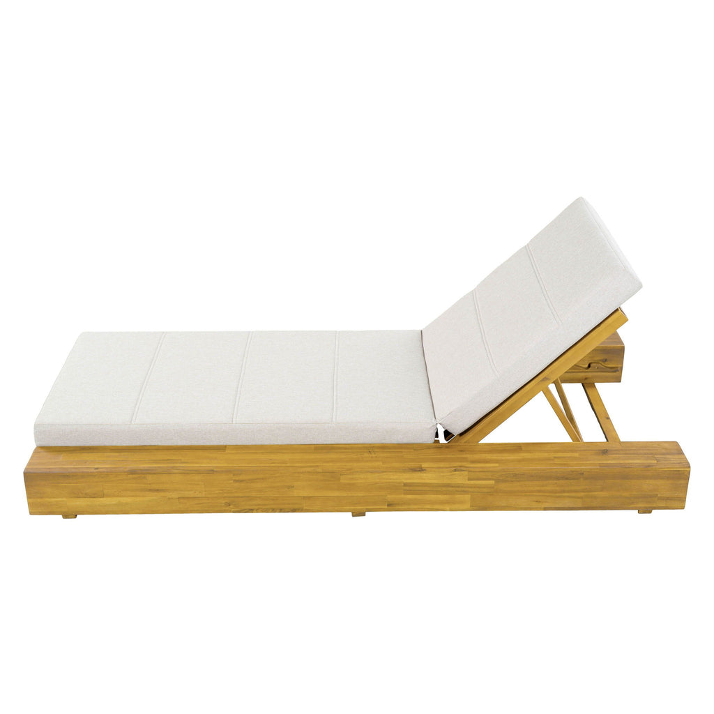Outdoor Chaise Lounge With Water Resistant Cushion, Adjustable Backrest Patio Recliner For Poolside, Deck & Backyard - Beige / Teak