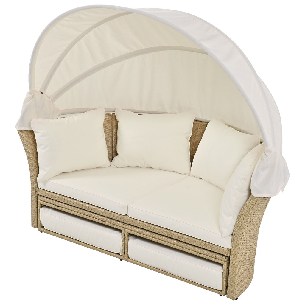 Outdoor Patio Daybed Wicker Rattan Double Daybed Round Sofa Furniture Set With Retractable Canopy, 4 Pillows For Lawn Garden