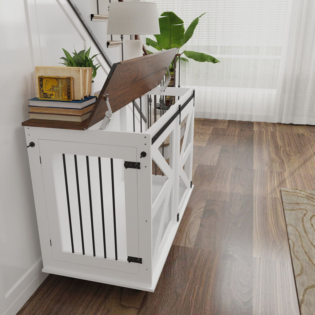 Mobile Dog Crate With Flip Top Feeding Door, Dual Access & 5 Caster System (2 Locking) - Brown White