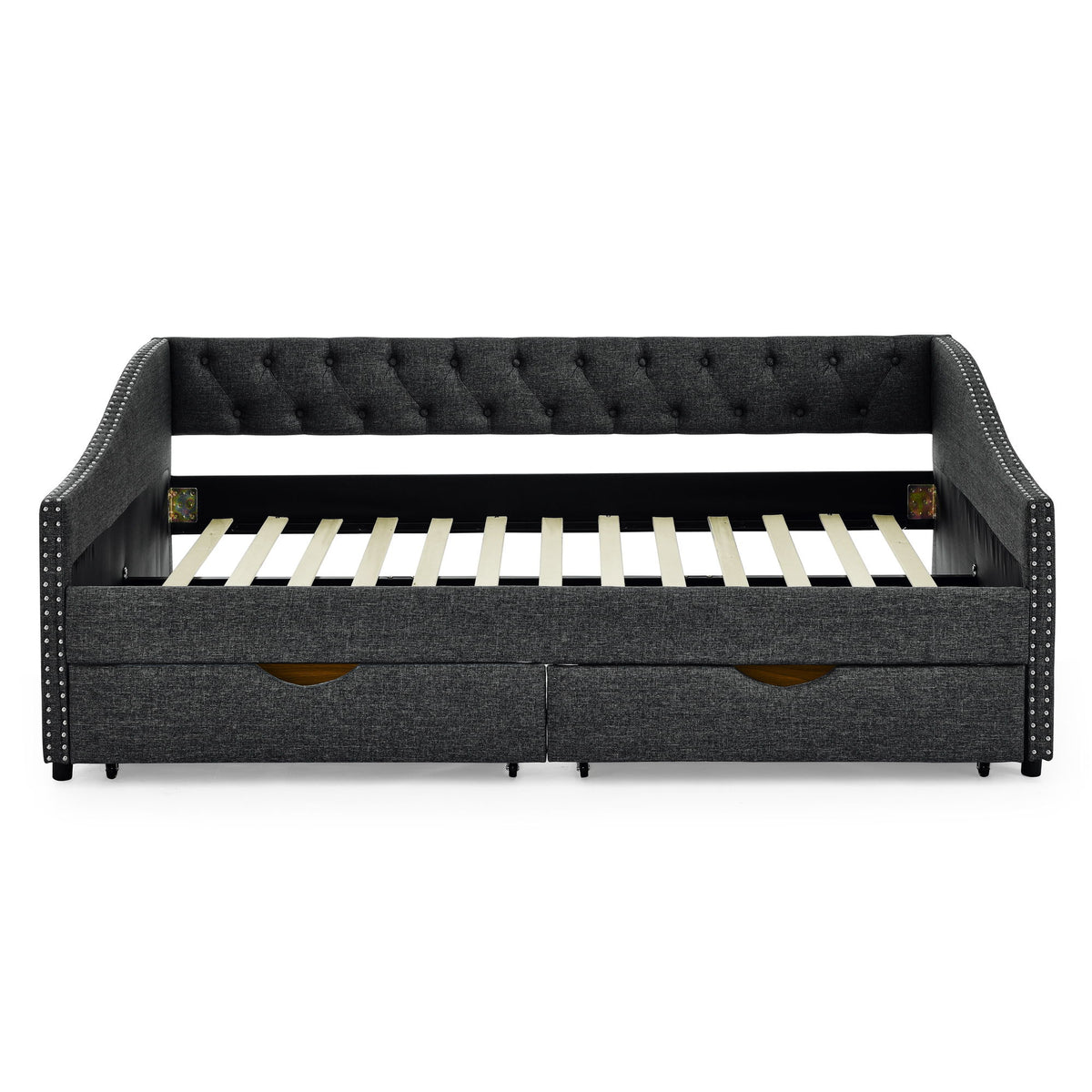 Full Size Upholstered Daybed With Tufted Back And Nail Trimmed Waved Arms - Dark Gray