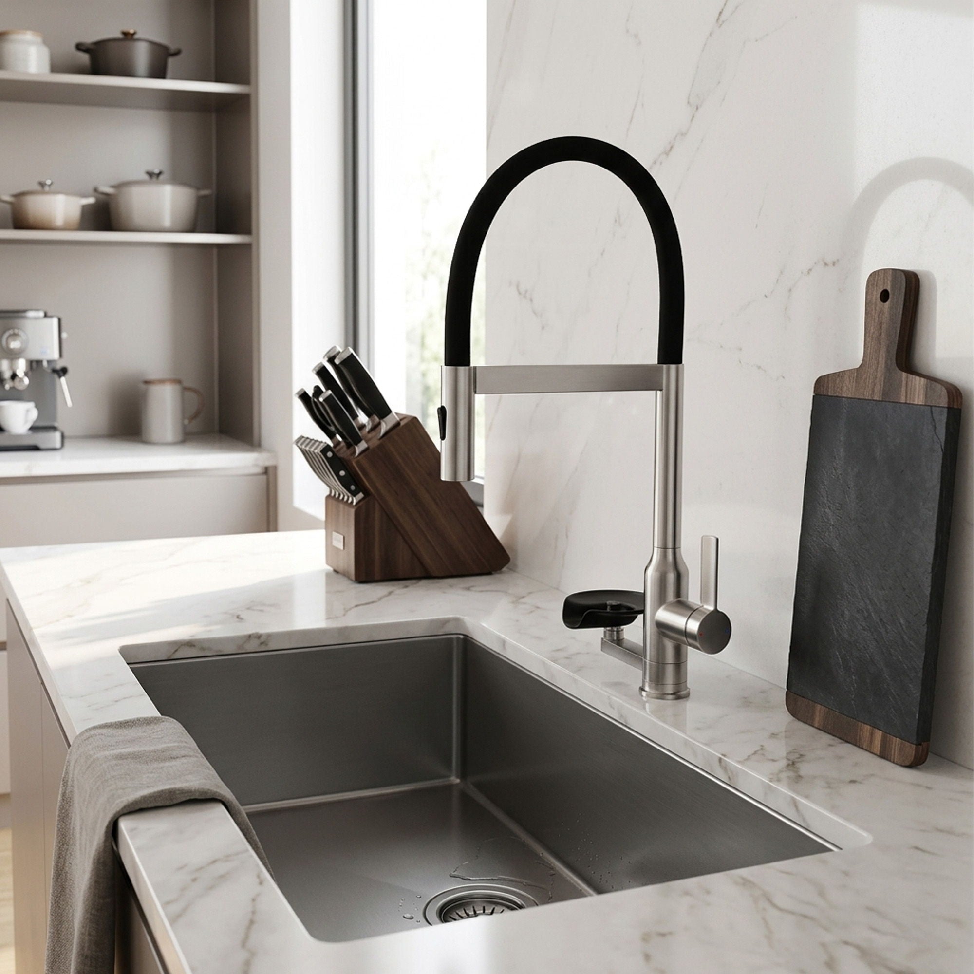 Kitchen Faucet With Magnetic Pull Out Sprayer, 360 Degree Swivel Single Handle High Arc Kitchen Sink Faucet With Glass Rinser - Brushed Nickel