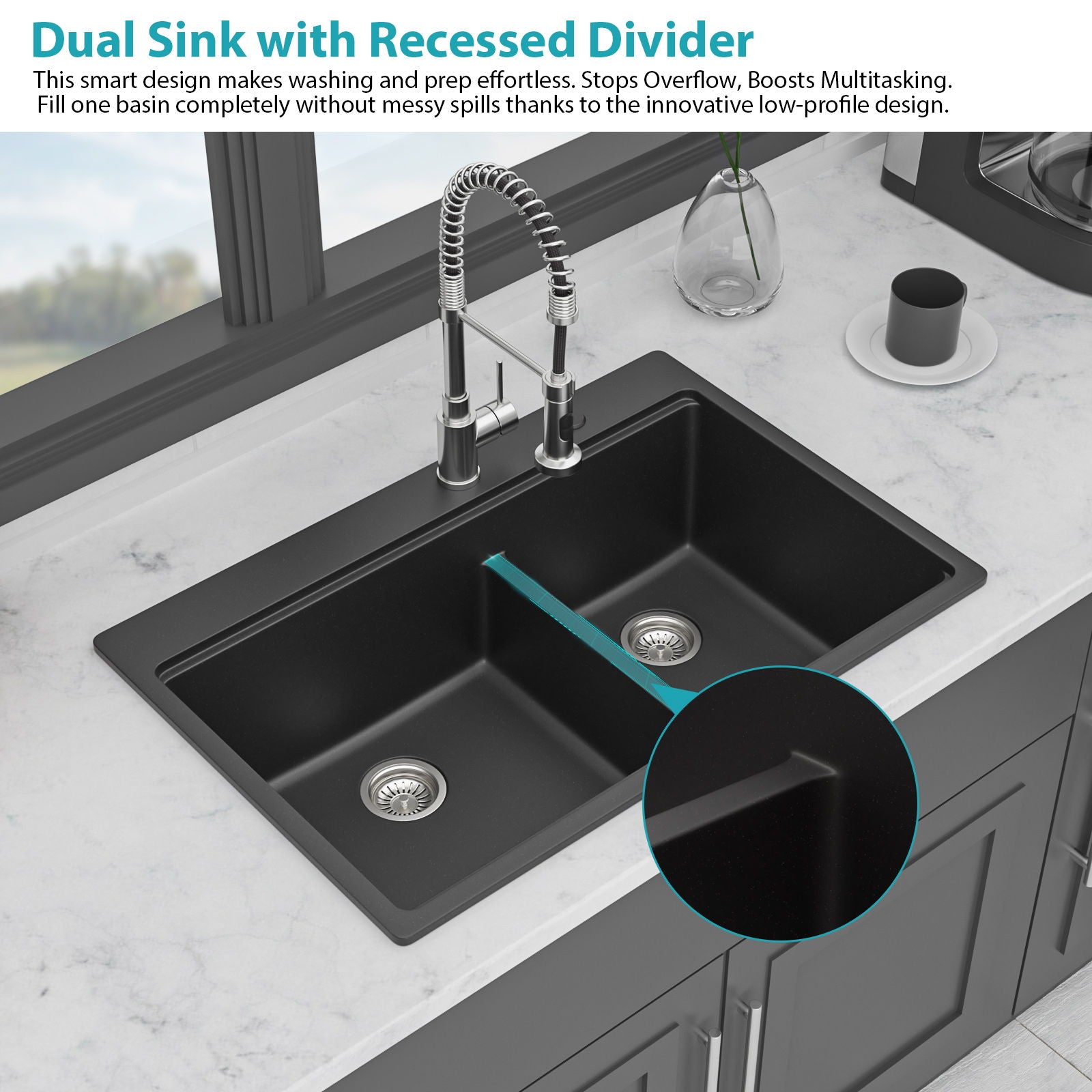 Quartz Kitchen Sink, Double Bowl Undermount Workstation