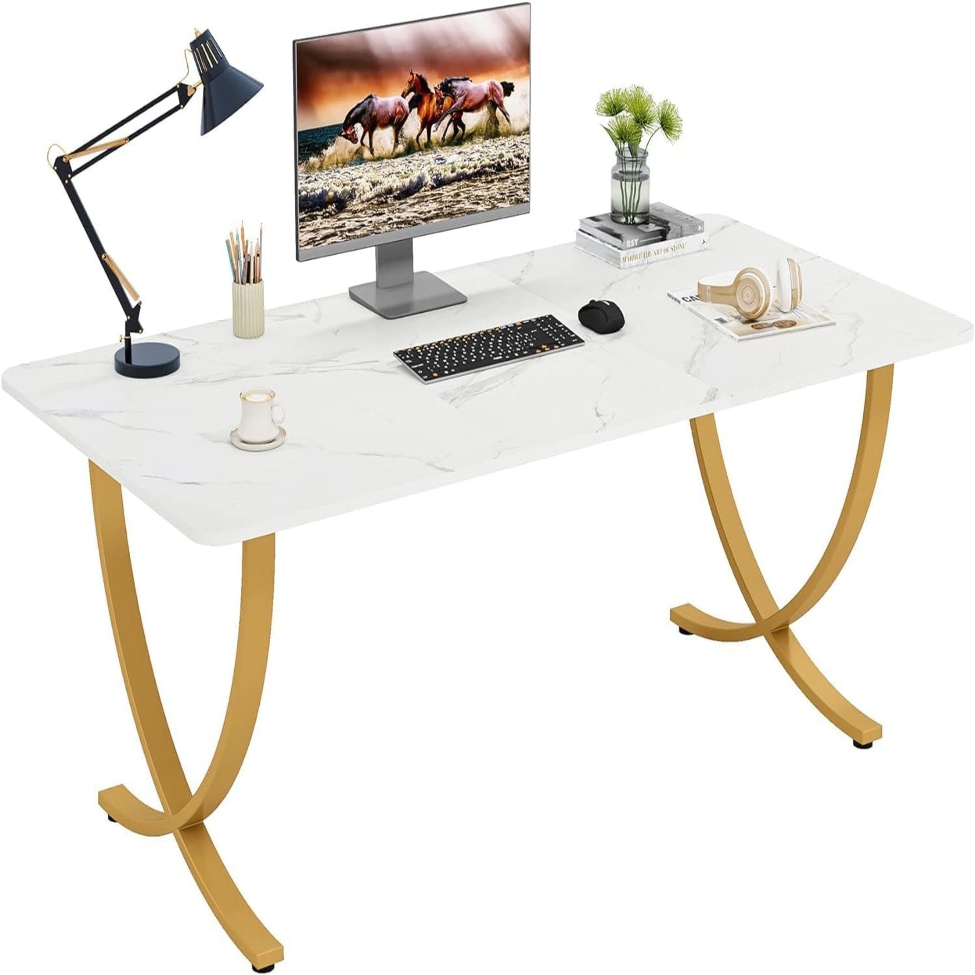 Large Rectangular Dining Table Kitchen Table With Geometric Legs - White / Gold