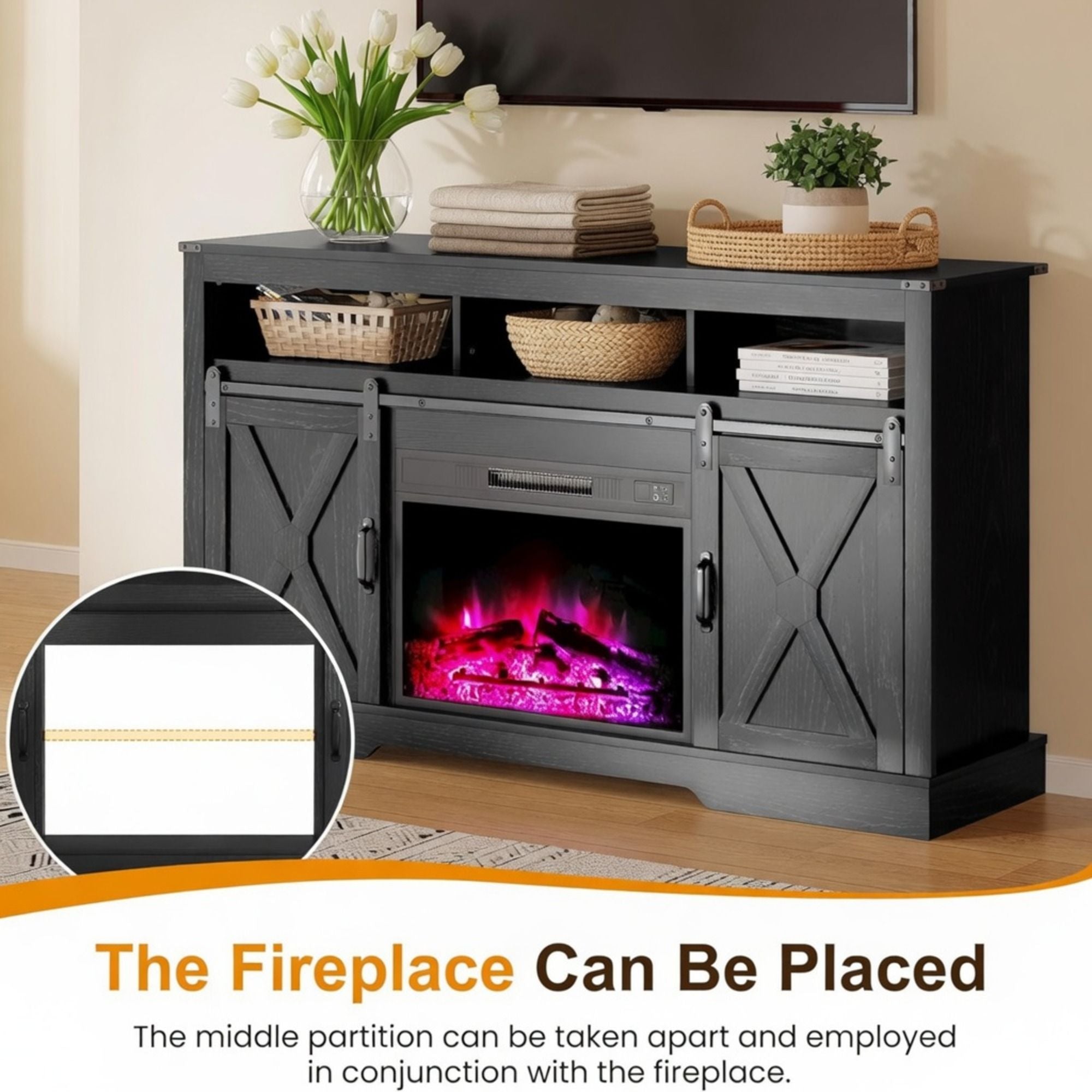 Farmhouse TV Stand With Sliding Barn Doors & Adjustable Storage