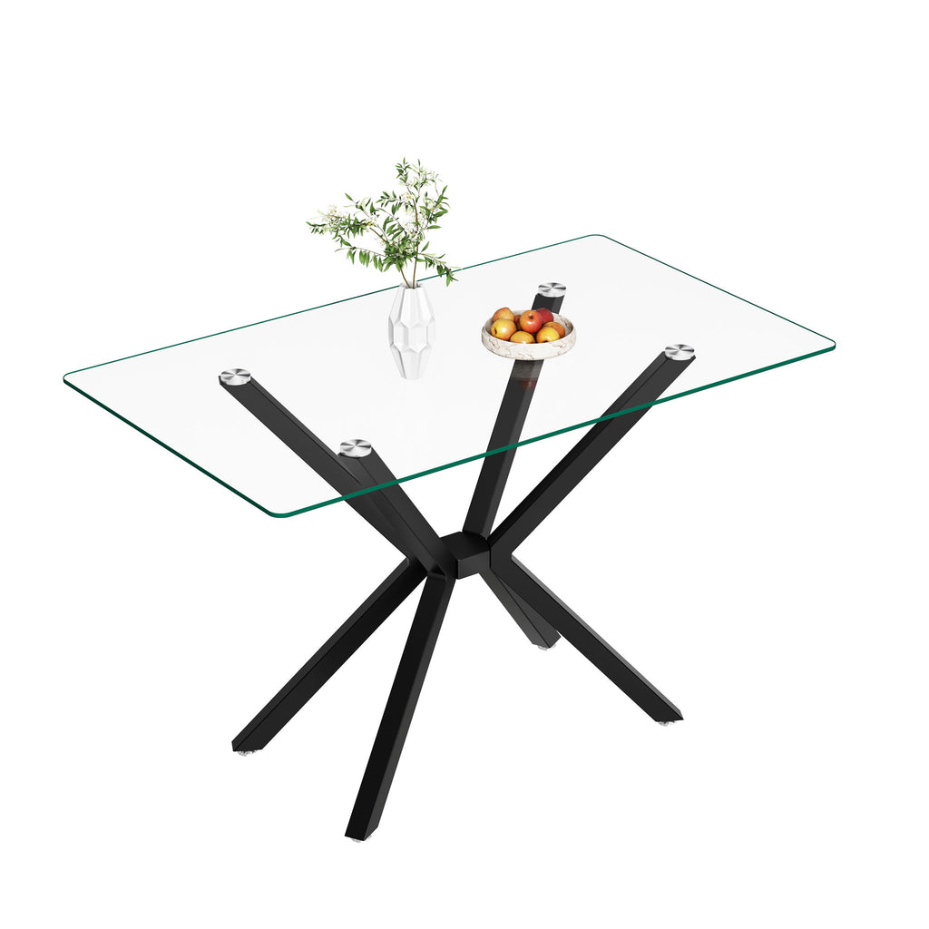 Rectangular Clear Tempered Glass Dining Table, Stylish Design With Plated Metal Legs