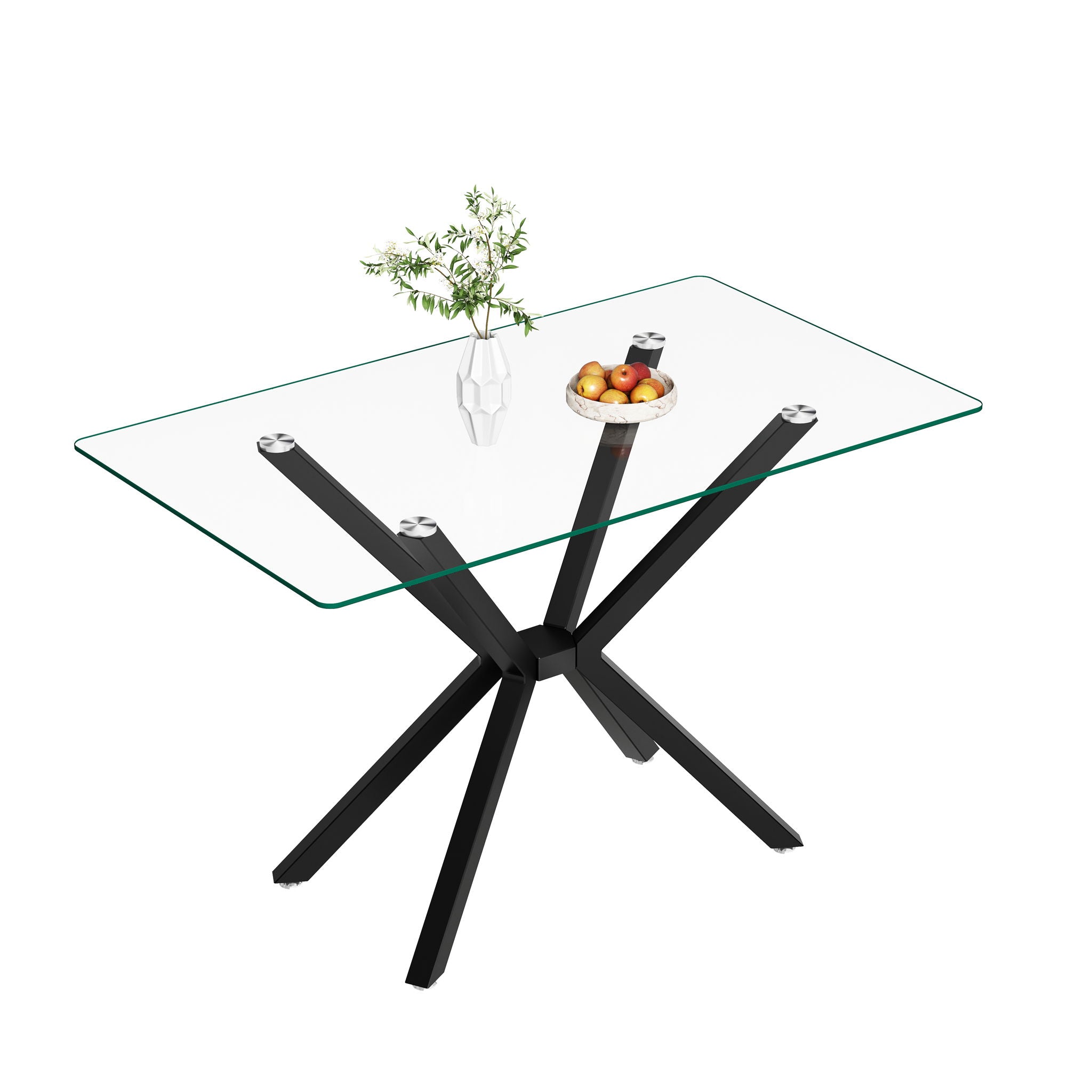 Rectangular Clear Tempered Glass Dining Table, Stylish Design With Plated Metal Legs