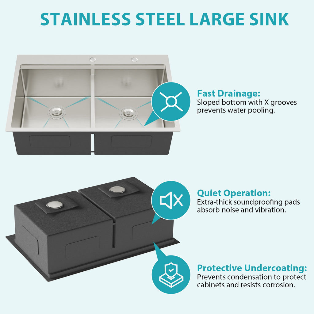 Topmount Drop In Kitchen Sink, Double Bowl Stainless Steel - Brushed Nickel