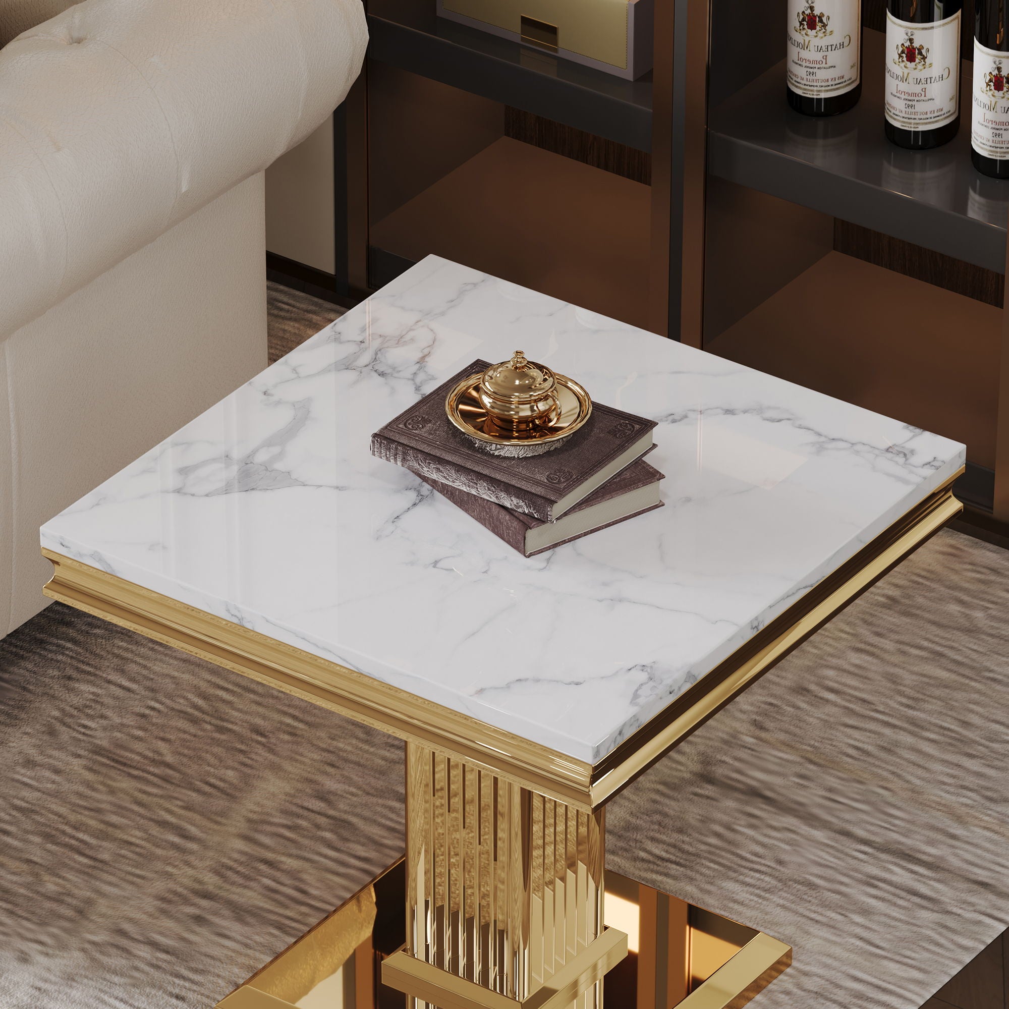 Marble Printed Top Rectangular End Table, Base With Mirrored Finish