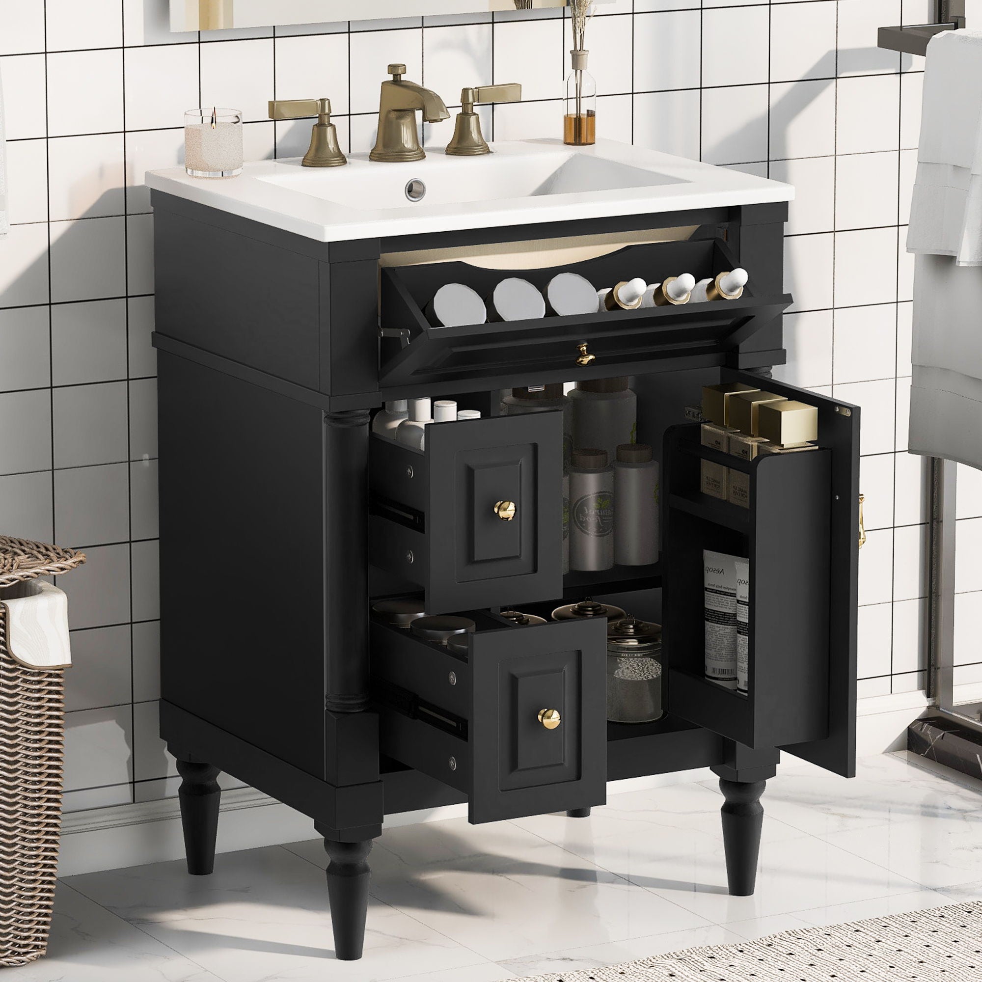 Freestanding Bathroom Vanity With Sink, Adjustable Shelf & Flip Drawer