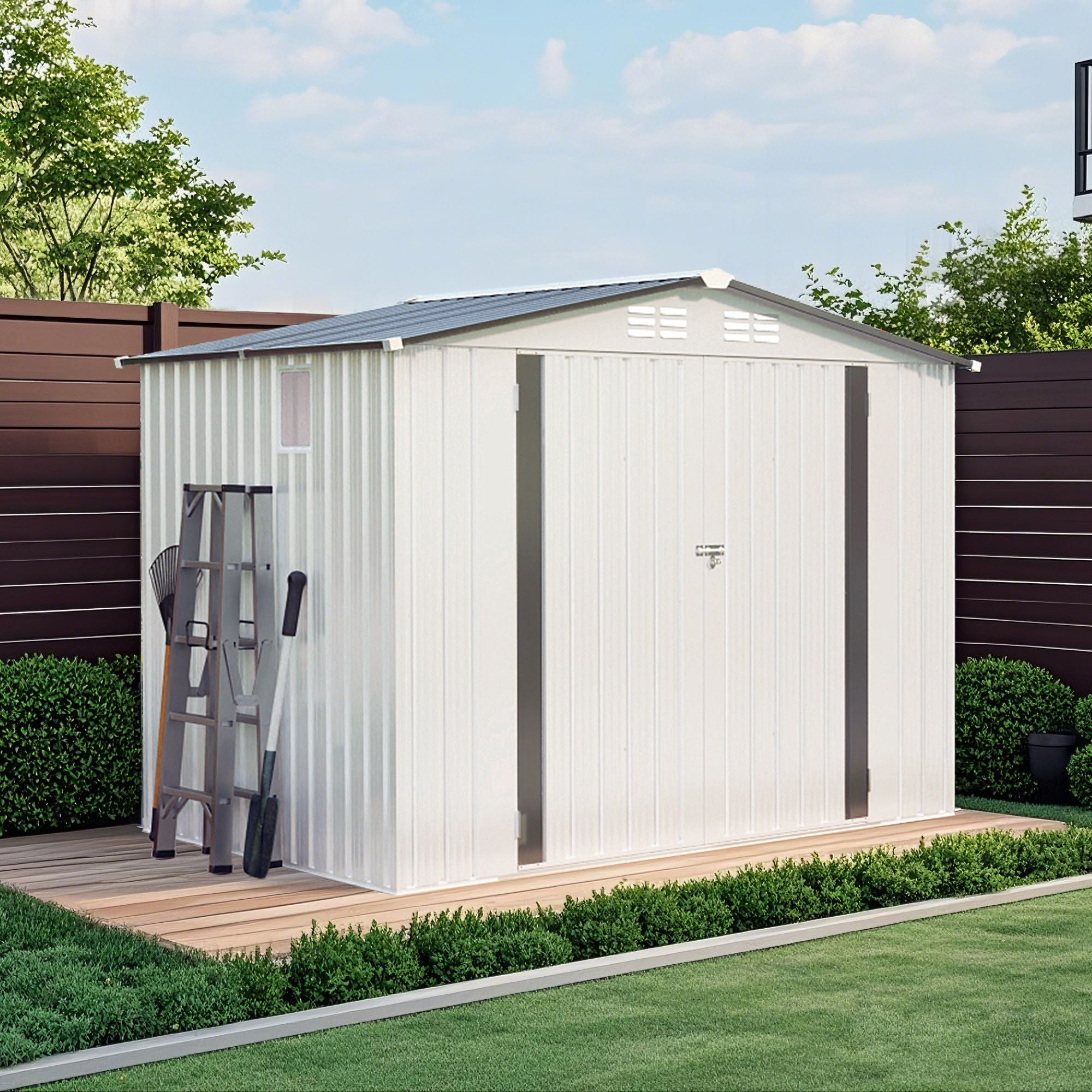 Outdoor Garden Storage Shed, Tool Shed With Pitched Roof Waterproof With 1 Window And 2 Lockable Door - White / Gray
