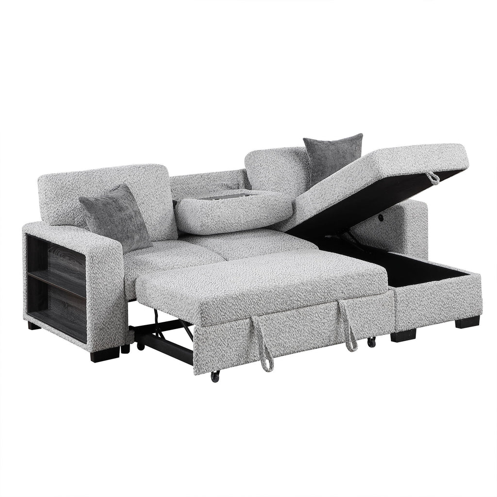 Buzz - Reversible Sleeper Sectional Sofa With Storage Chaise, Console Arm, USB Charging & Cup Holders - Gray
