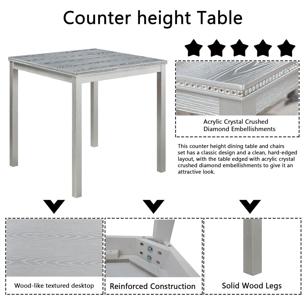 5 Piece Counter Height Table Set, Square Table And 4 Upholstered Chairs