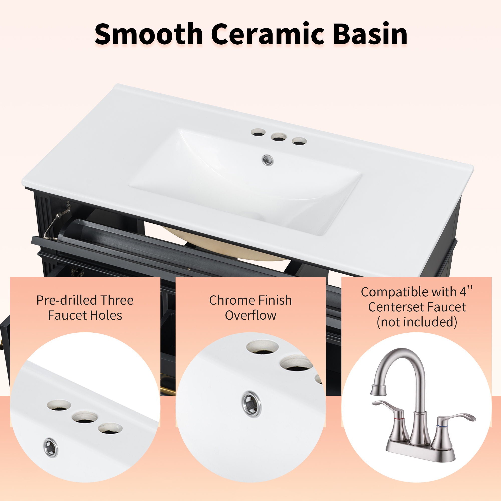 Bathroom Vanity With Sink, Flip-Out Top Drawer, Soft Close Doors, 2 Storage Drawers