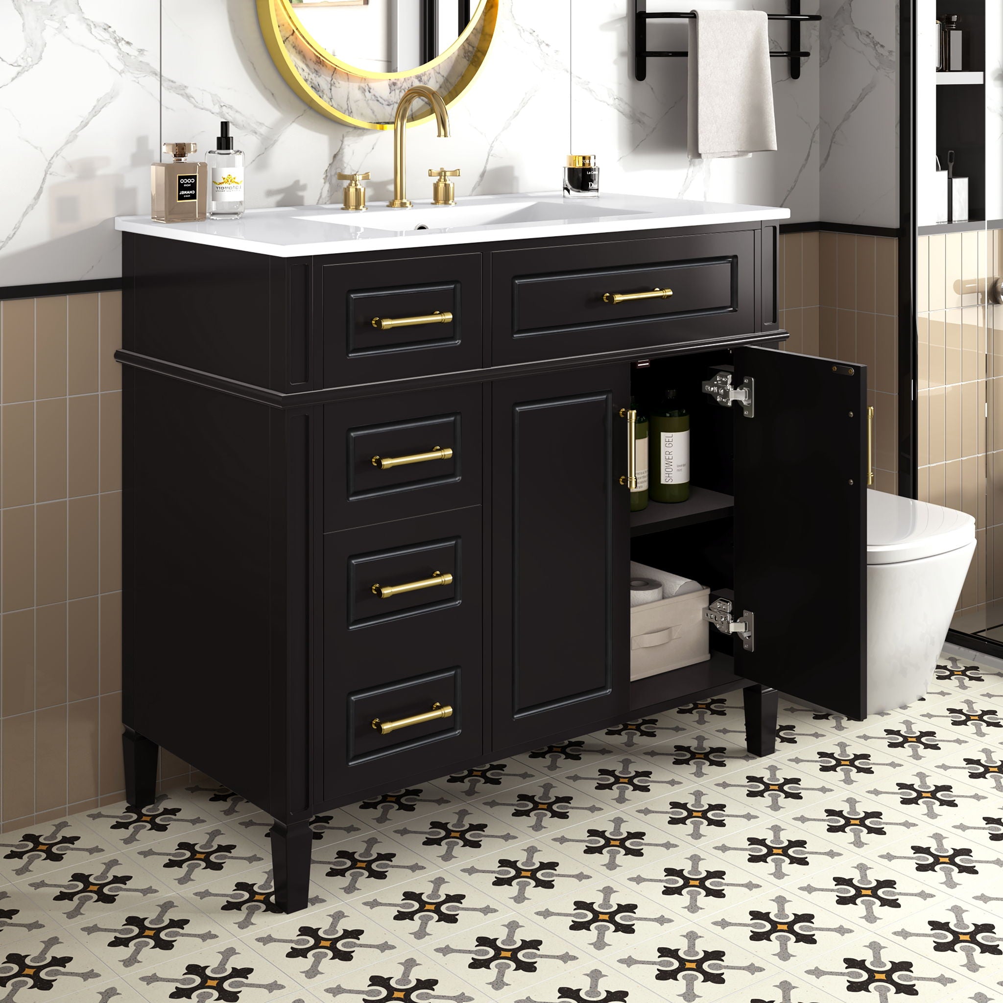 Bathroom Vanity With Sink, 4 Drawers, 2 Doors