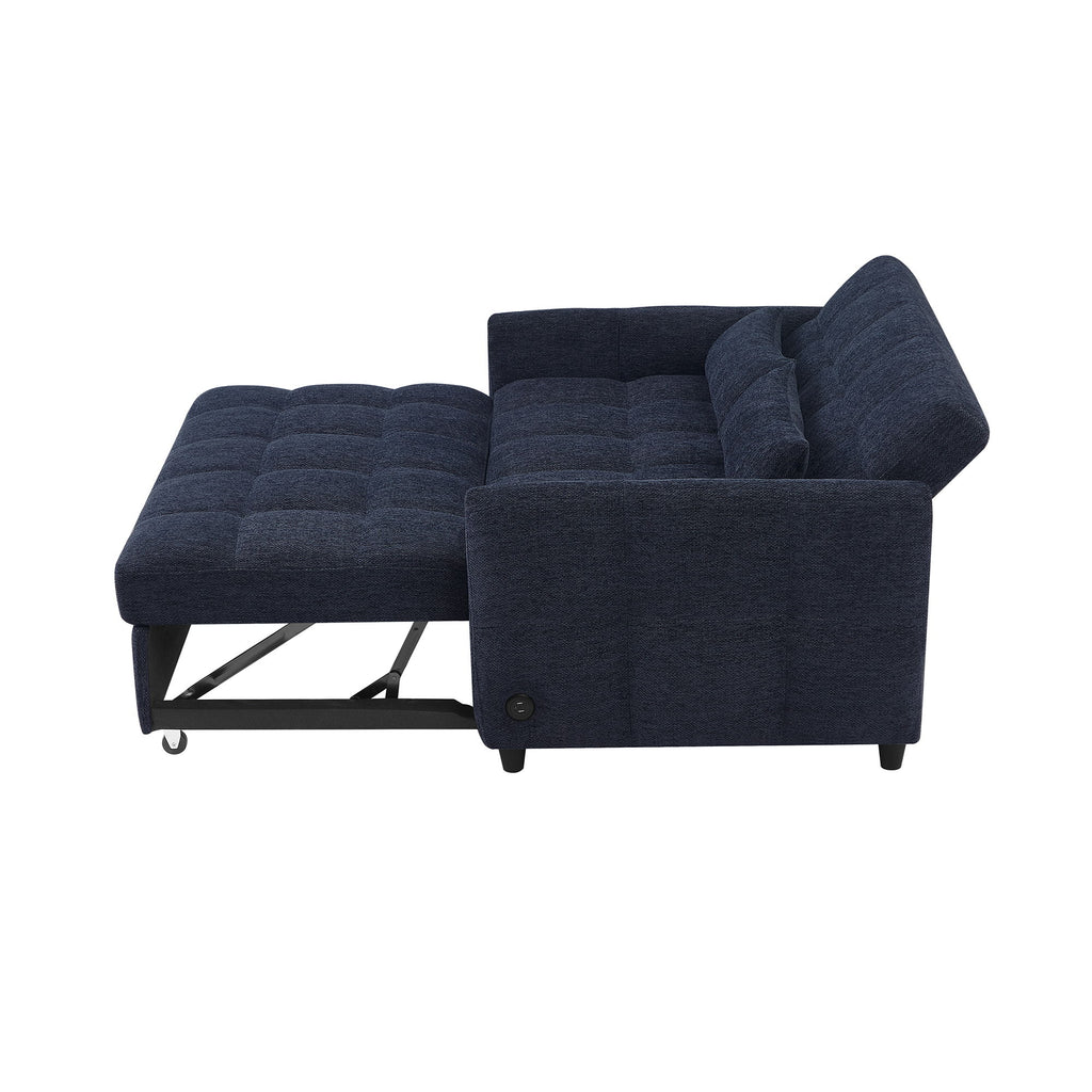 Loveseat Sofa Pull-Out Bed With Adjustable Backrest, 3 USB Ports And 2 Lumbar Pillows For Living Room