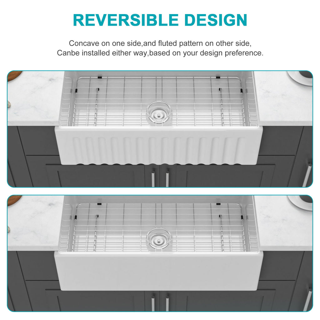 Porcelain Ceramic Farmhouse Sink Workstation With Reversible Apron Design - Single Bowl